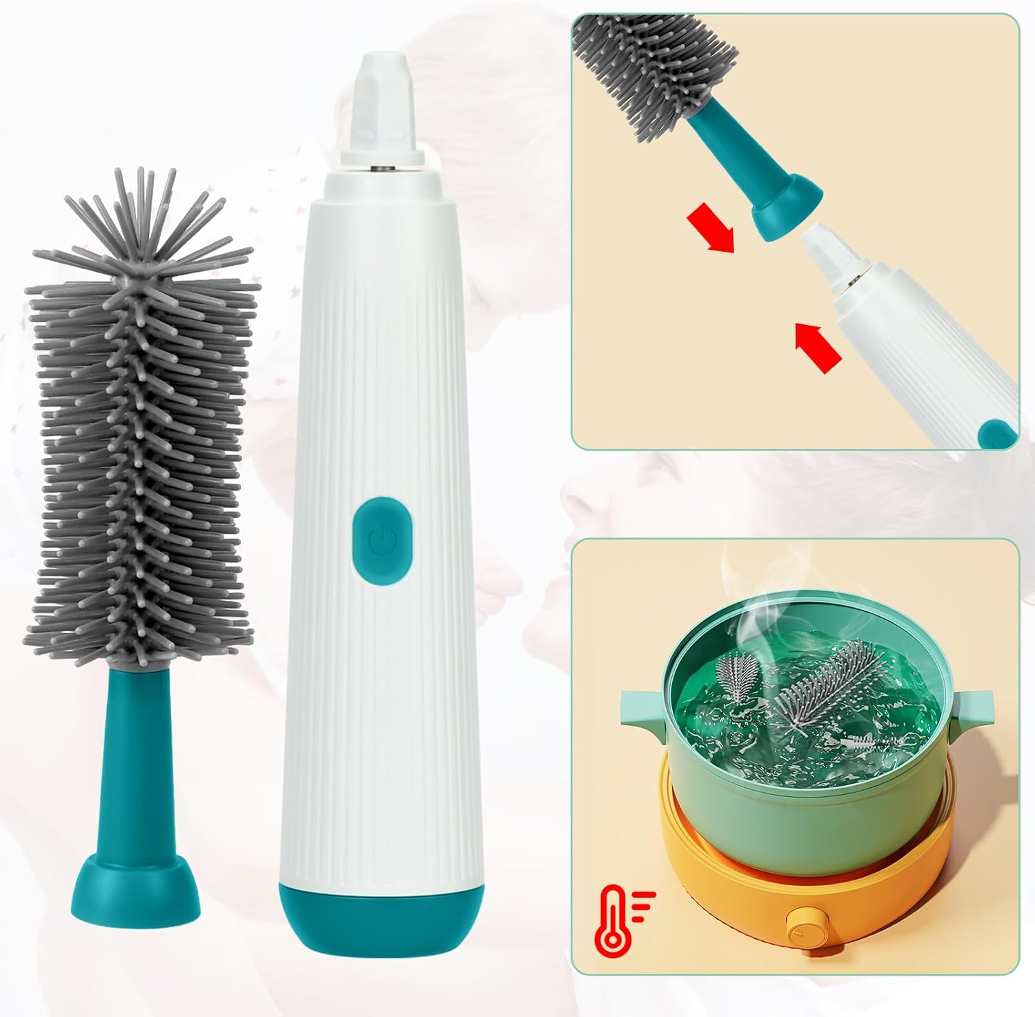 FTUREERA Juego de 6 cepillos eléctricos para botellas, cepillo para biberones, estante de secado de biberones para botellas, impermeable,
