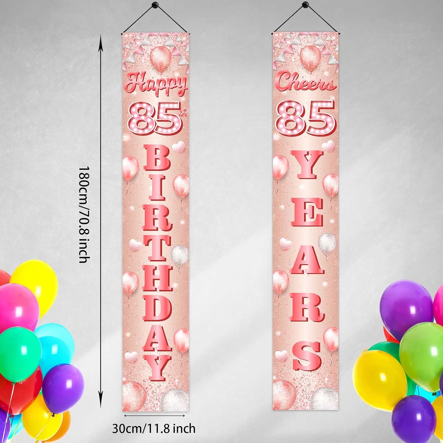 Cartel de feliz cumpleaños 85 de oro rosa, telón de fondo de globos de confeti de 85 años, decoración temática de globos de confeti para mujeres de