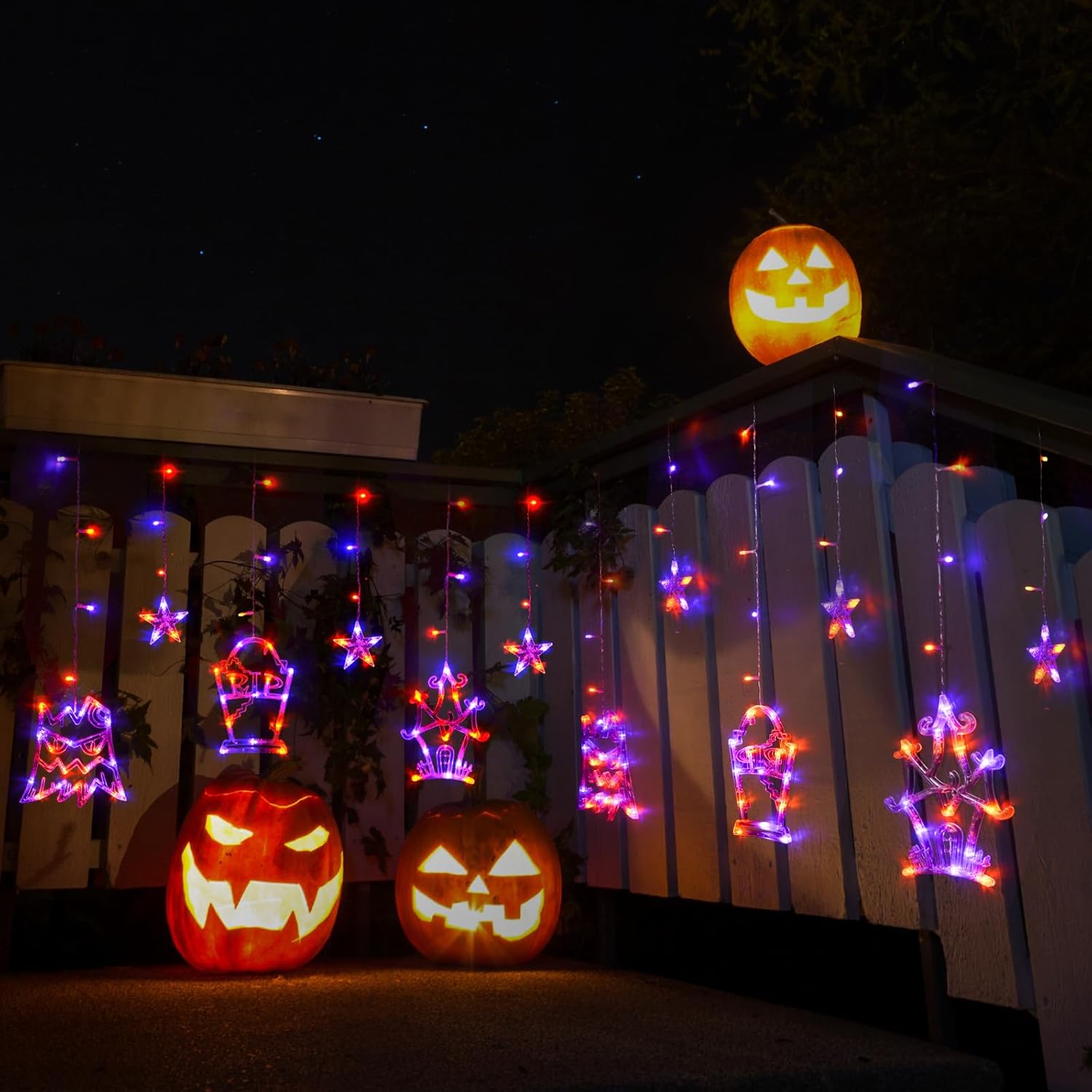 LOLStar Guirnalda de luces de Halloween para ventana, color naranja y morado, decoraciones de Halloween, lápida de árbol y castillo, 183 luces LED