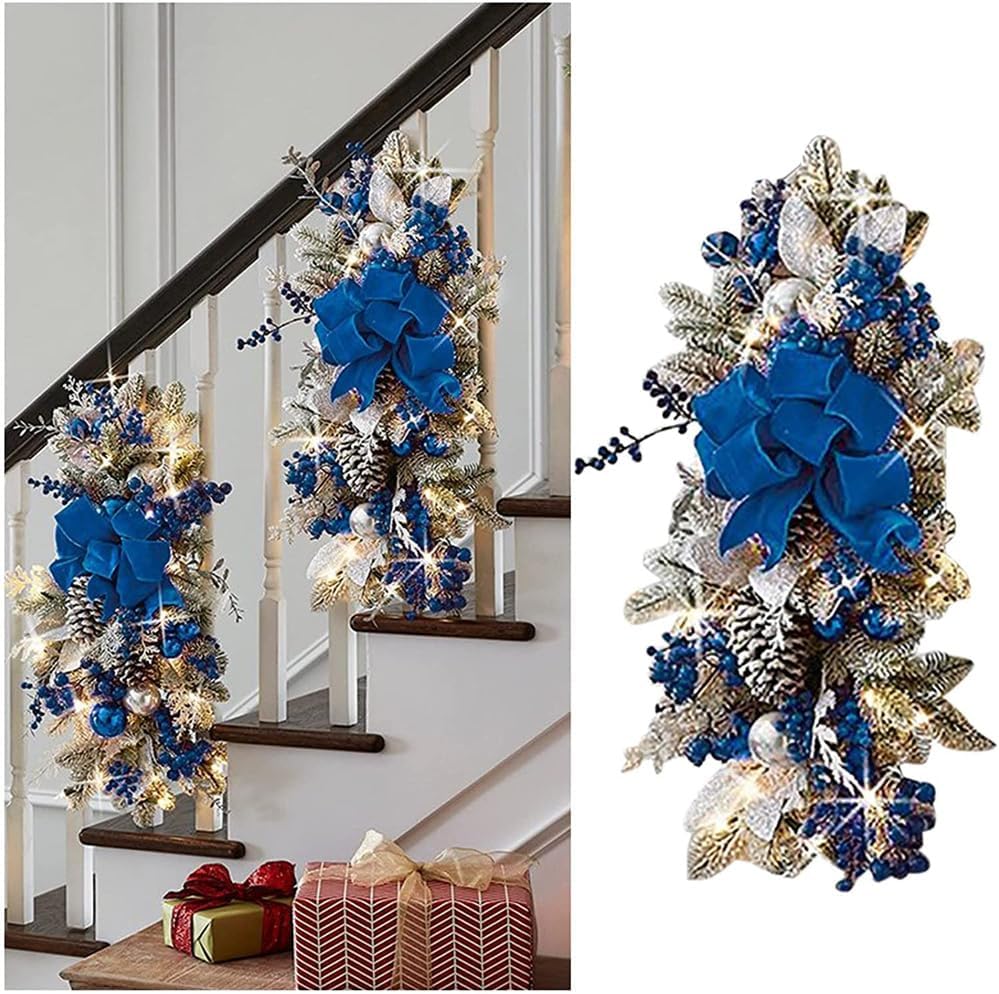 Borde de lágrima artificial de Navidad, festones de Navidad de gran tamaño, decoración de escalera de Navidad con luces LED, para puerta delantera,