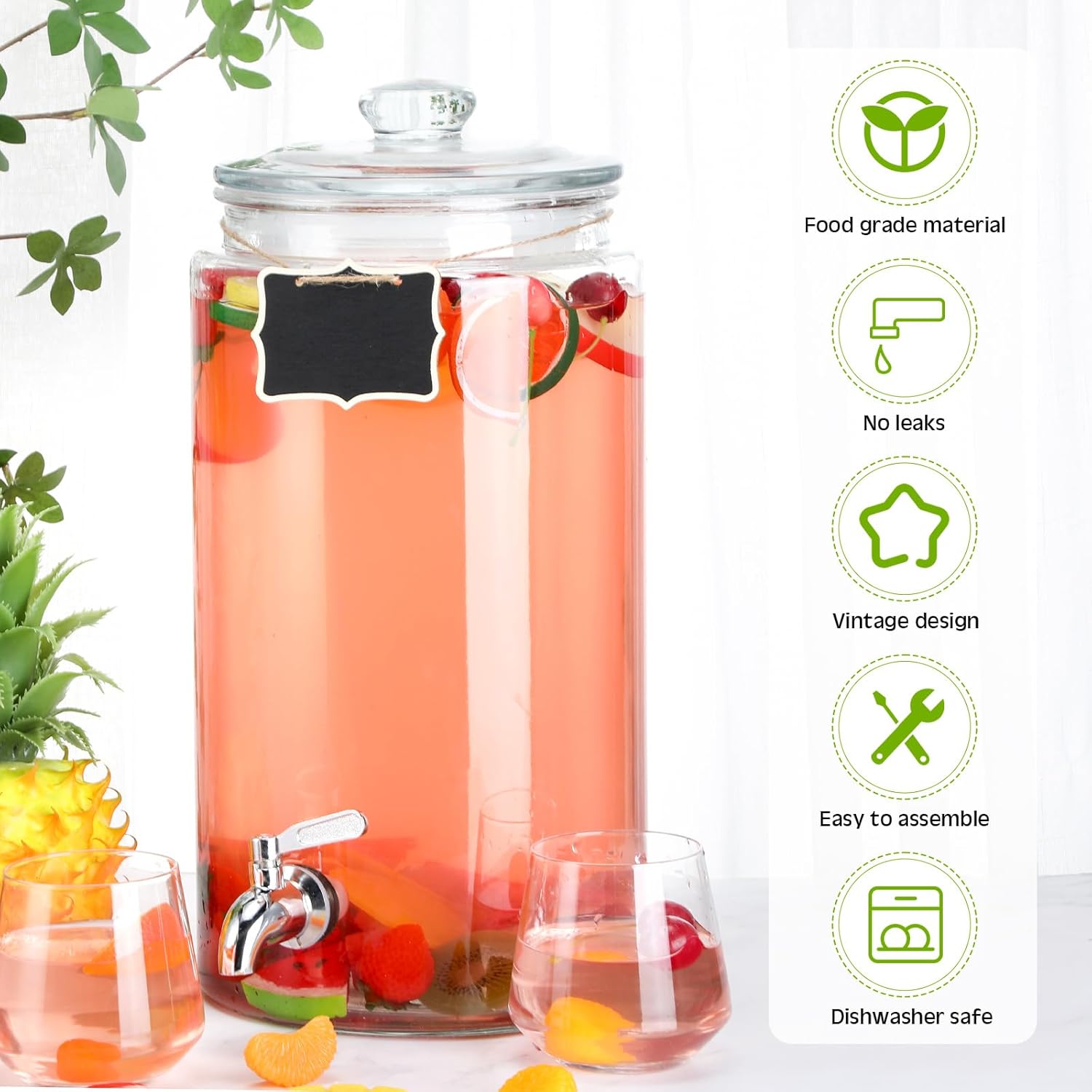 Dispensador de bebidas de vidrio para fiestas, dispensador de bebidas con espita de acero inoxidable y pizarra para frasco, bebida, agua y jugo (1.5