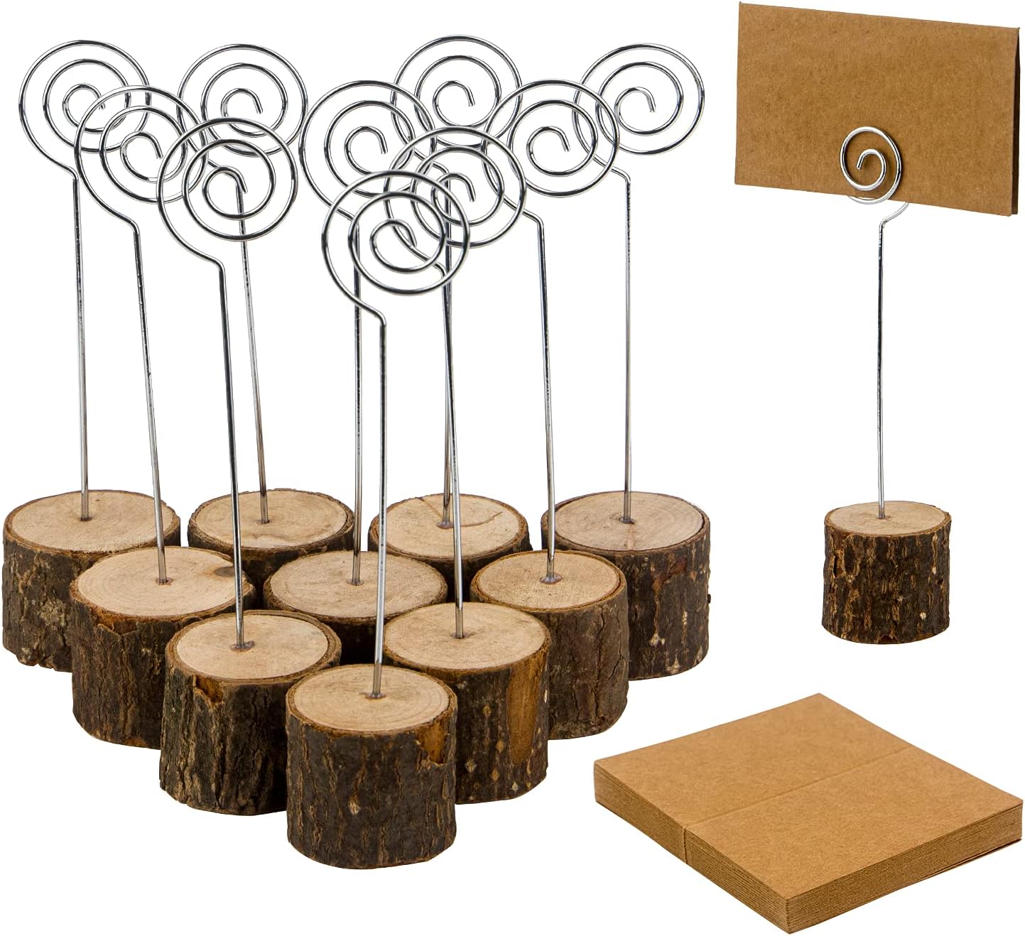 20 soportes para tarjetas de lugar de madera rústica con alambre en espiral y 30 tarjetas de lugar de papel kraft, soporte de madera para números de