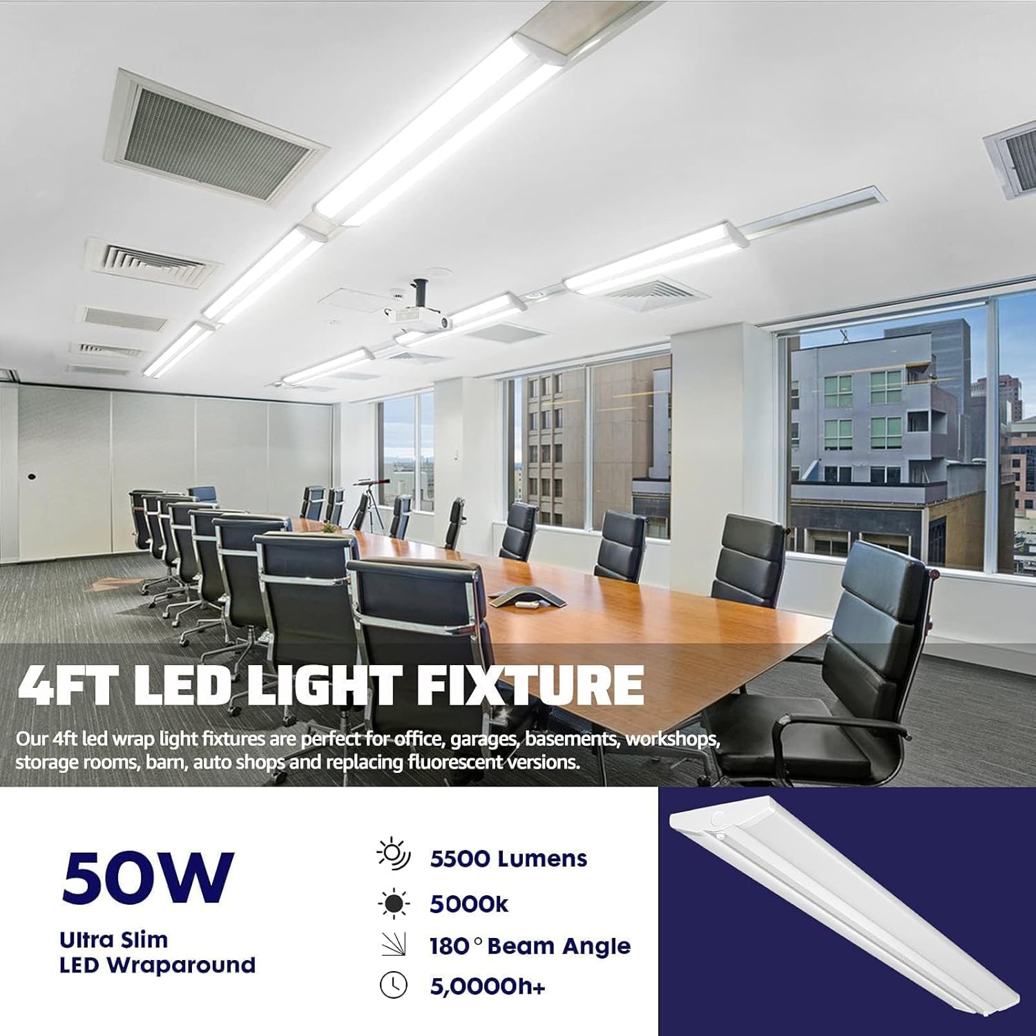 ANTLUX Lámpara LED envolvente de 4 pies, 50 W, ultra delgada, luces LED para garaje, sin deslumbramiento, 5500 lúmenes, 5000 K, montaje empotrado de