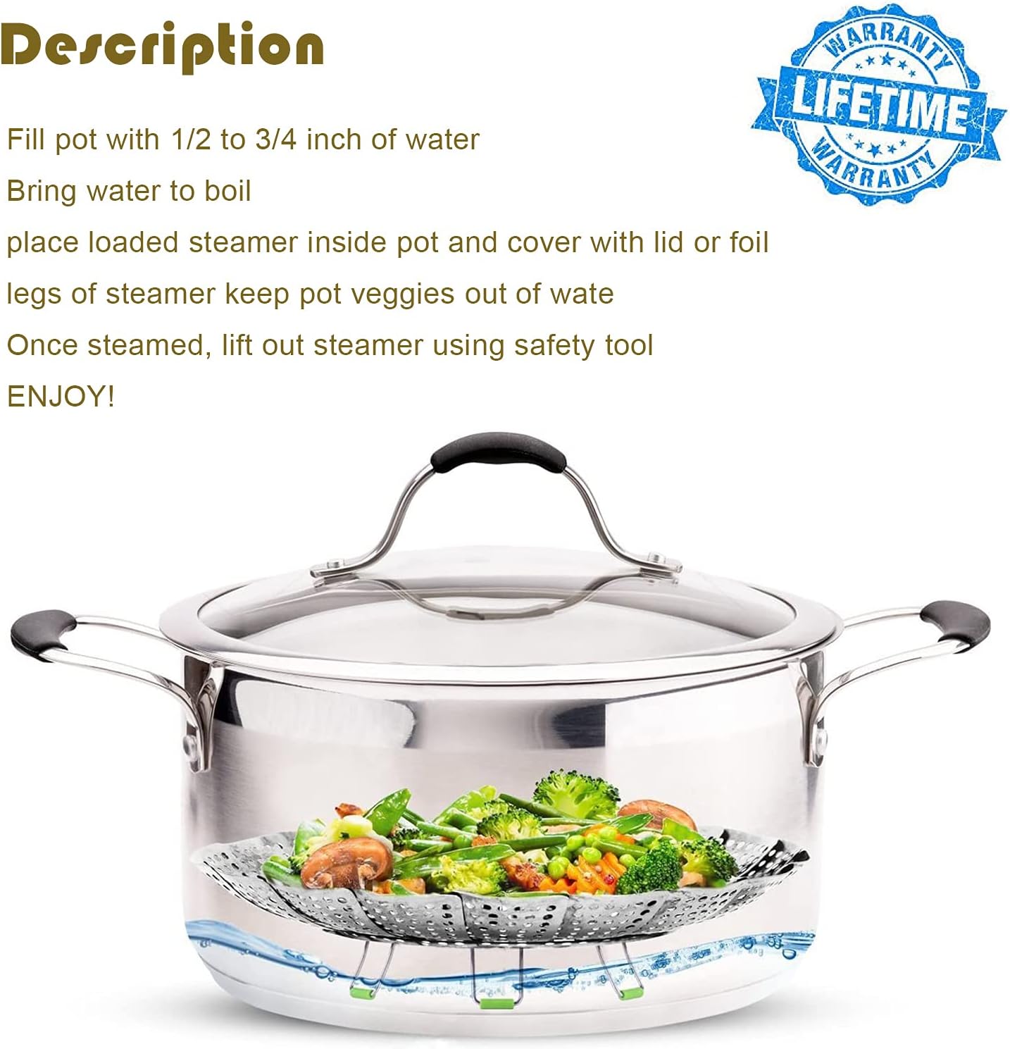 Cesta de vapor, olla de vapor plegable de acero inoxidable para cocinar al vapor (5.1 a 9 pulgadas)