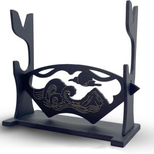 Soporte de exhibición de espada, soporte de madera Katana de 2 niveles, diseño de paisaje tallado negro, soporte para armas, escaparate elegante Soporte de exhibición de espada, soporte de madera Katana de 2 niveles, diseño de paisaje tallado negro, soporte para armas, escaparate elegante