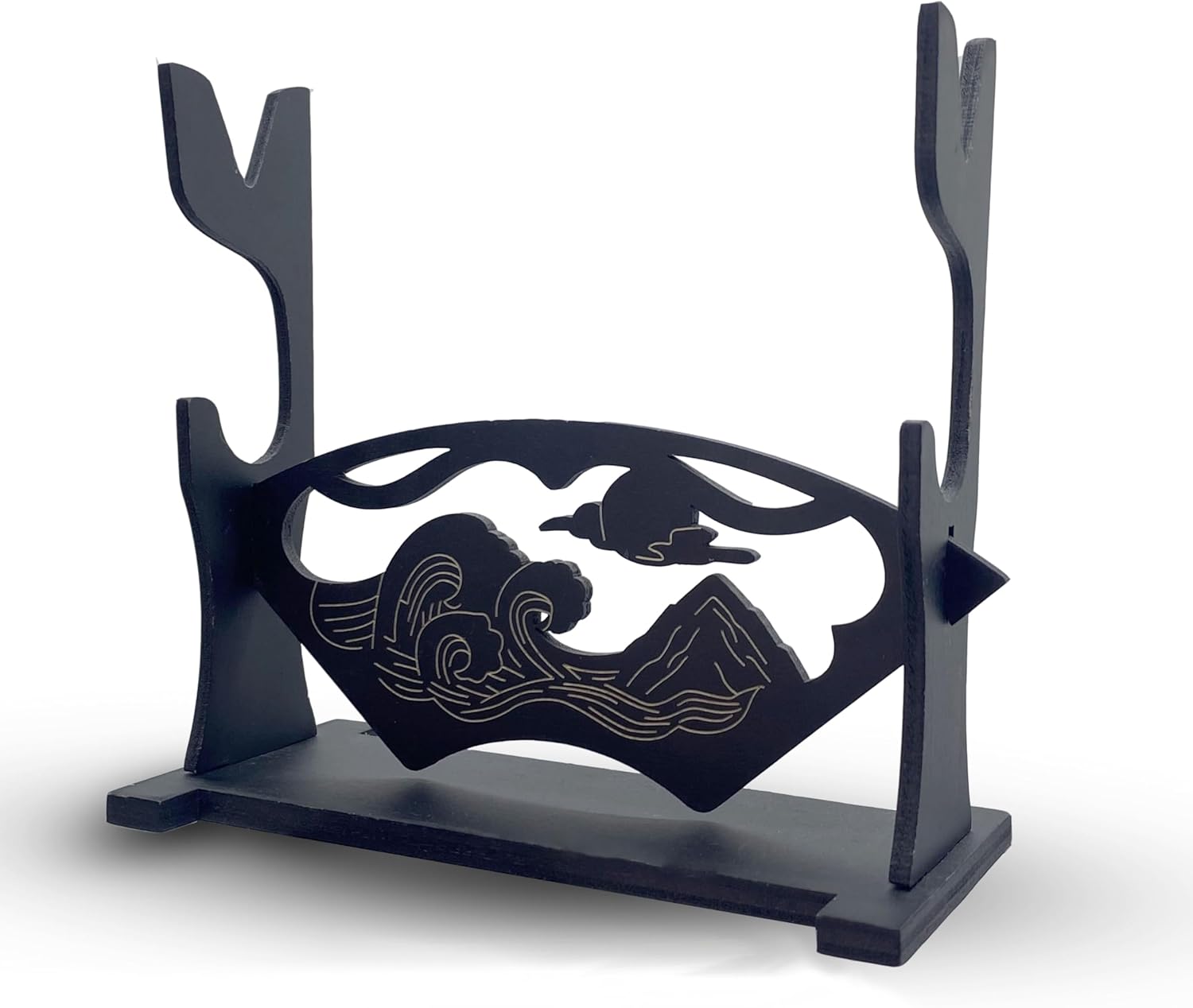 Soporte de exhibición de espada, soporte de madera Katana de 2 niveles, diseño de paisaje tallado negro, soporte para armas, escaparate elegante