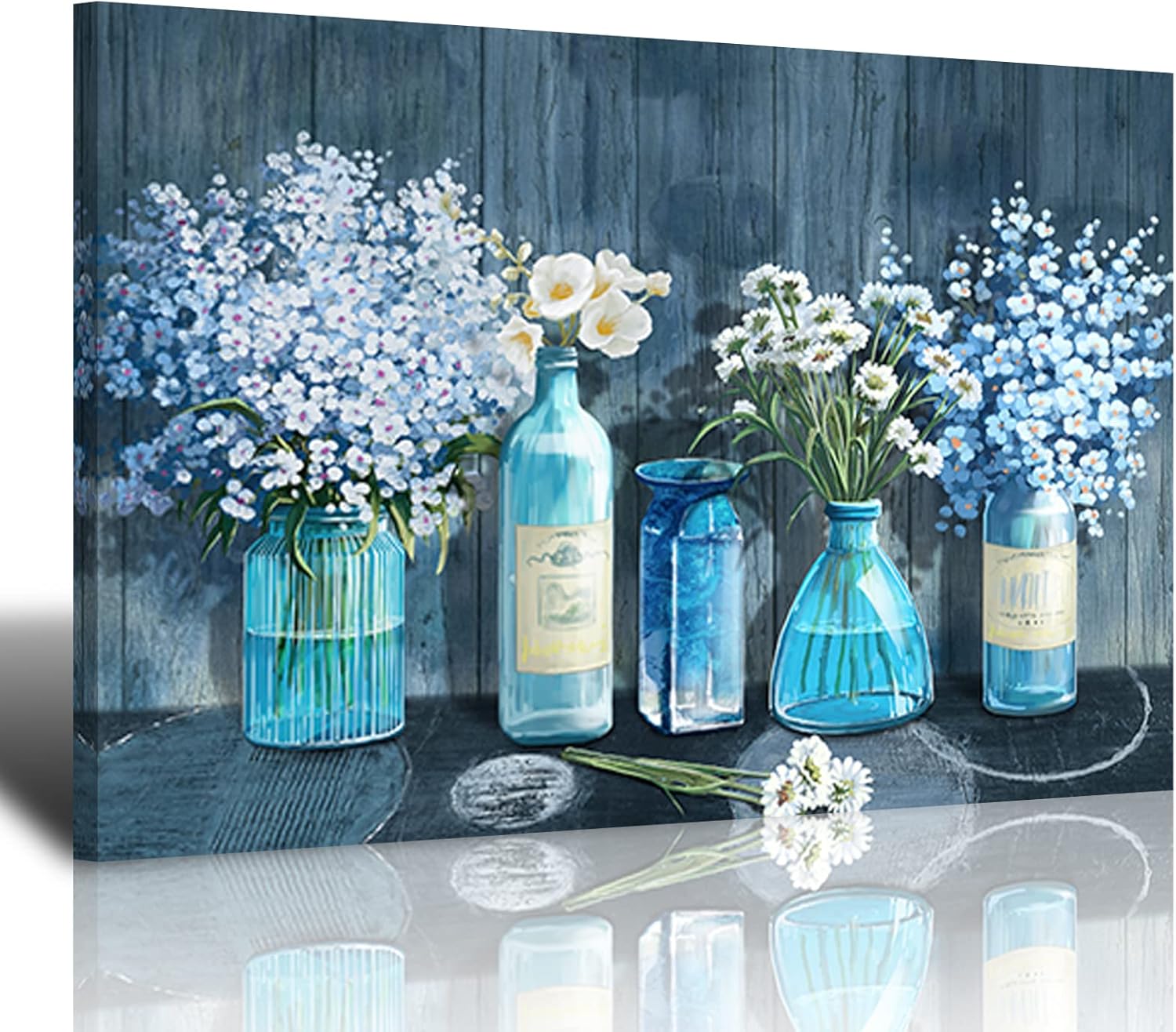 HKDGOKA Lienzo decorativo de pared para dormitorio, flor blanca en botella azul, cuadros para sala de estar, galería moderna, lienzo estirado de 16