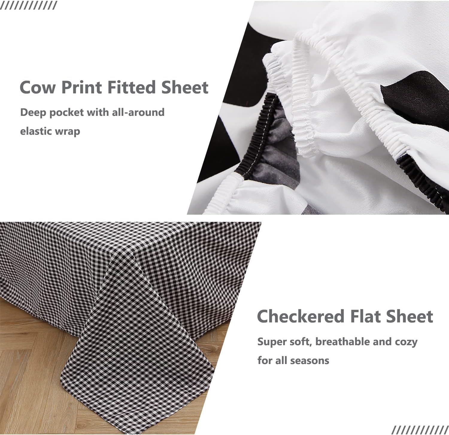 SUCSES Juego de edredón tamaño individual con sábanas de 8 piezas con estampado de vaca, ropa de cama de piel de vaca en una bolsa para niños y