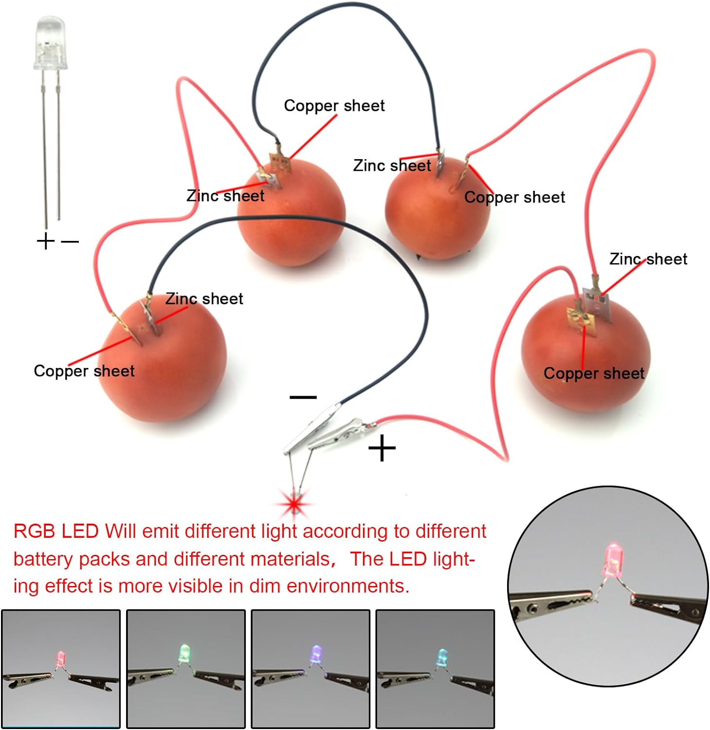 EUDAX Kit de experimento científico de batería de frutas con reloj electrónico y LED RGB para bricolaje juguete de enseñanza en casa, proyecto de
