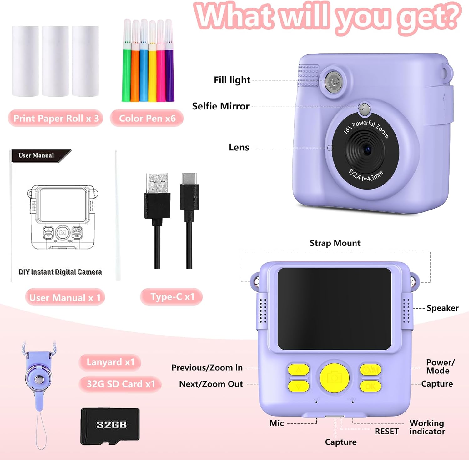 Cámara de impresión instantánea para niños, regalos de cumpleaños de Navidad para niñas de 3 a 12 años, cámaras de video digitales HD 1080P para