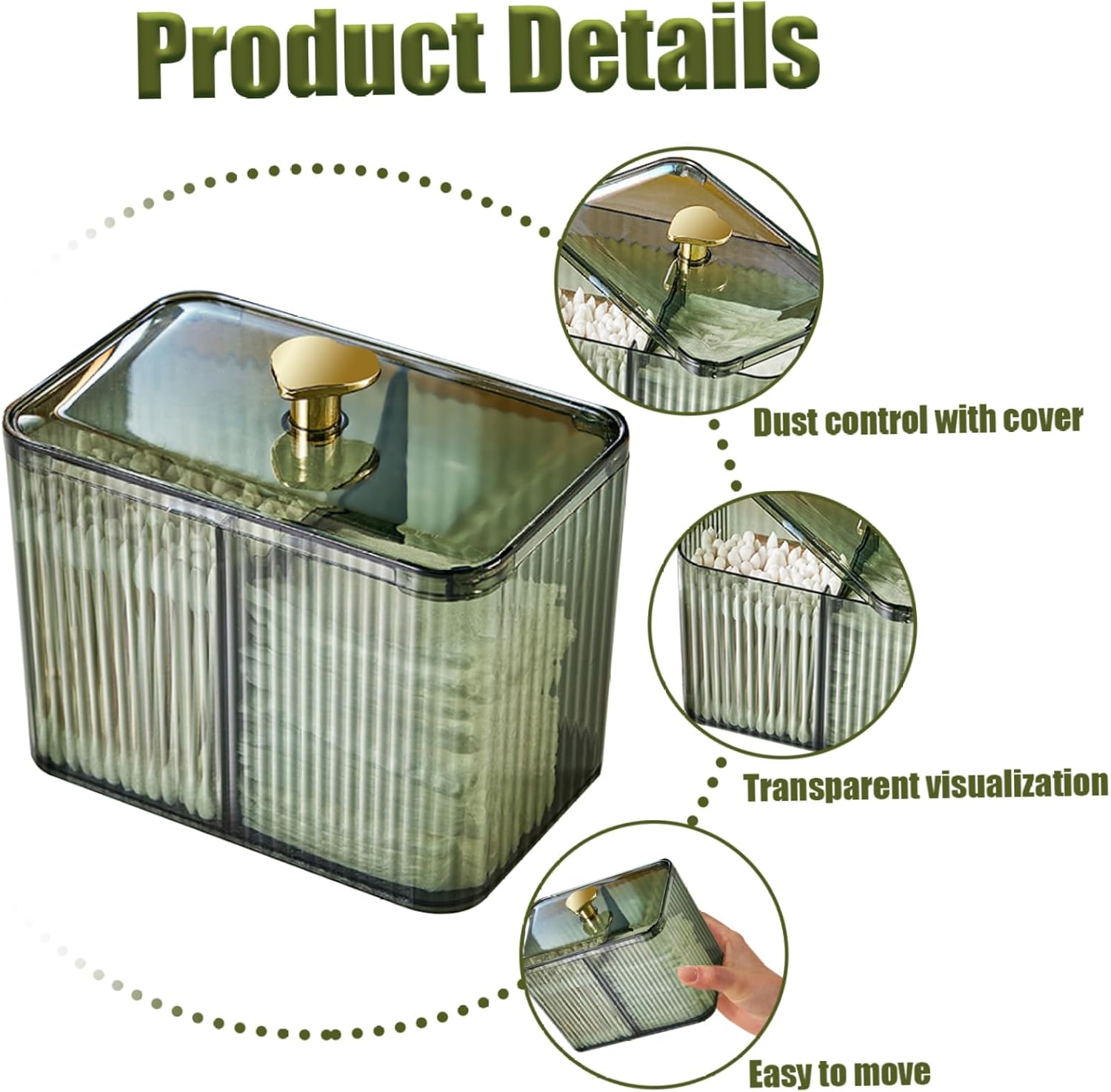 Naisicore Dispensador de hisopos de algodón, organizador de cosméticos transparente de 3 rejillas con tapa, soporte para hisopos de algodón, caja de