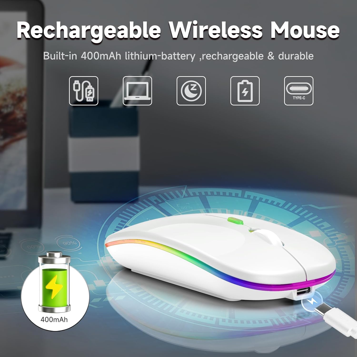 mobiproduct Ratón inalámbrico, LED de modo dual recargable (Bluetooth 5.2 y 2.4G) mouse delgado y silencioso para laptop, PC, computadora,