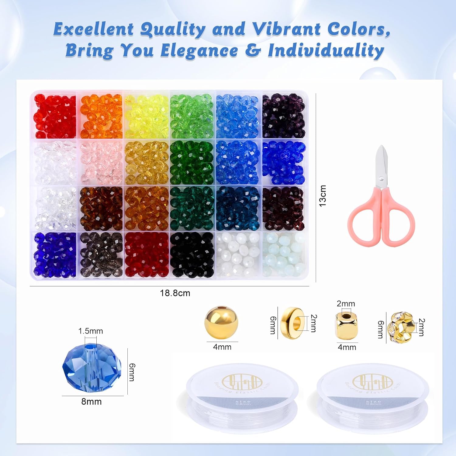 JADVY Kit de 1120 cuentas de cristal para hacer pulseras con cuentas espaciadoras, 0.315 in, 24 colores para hacer joyas, cuentas de vidrio y