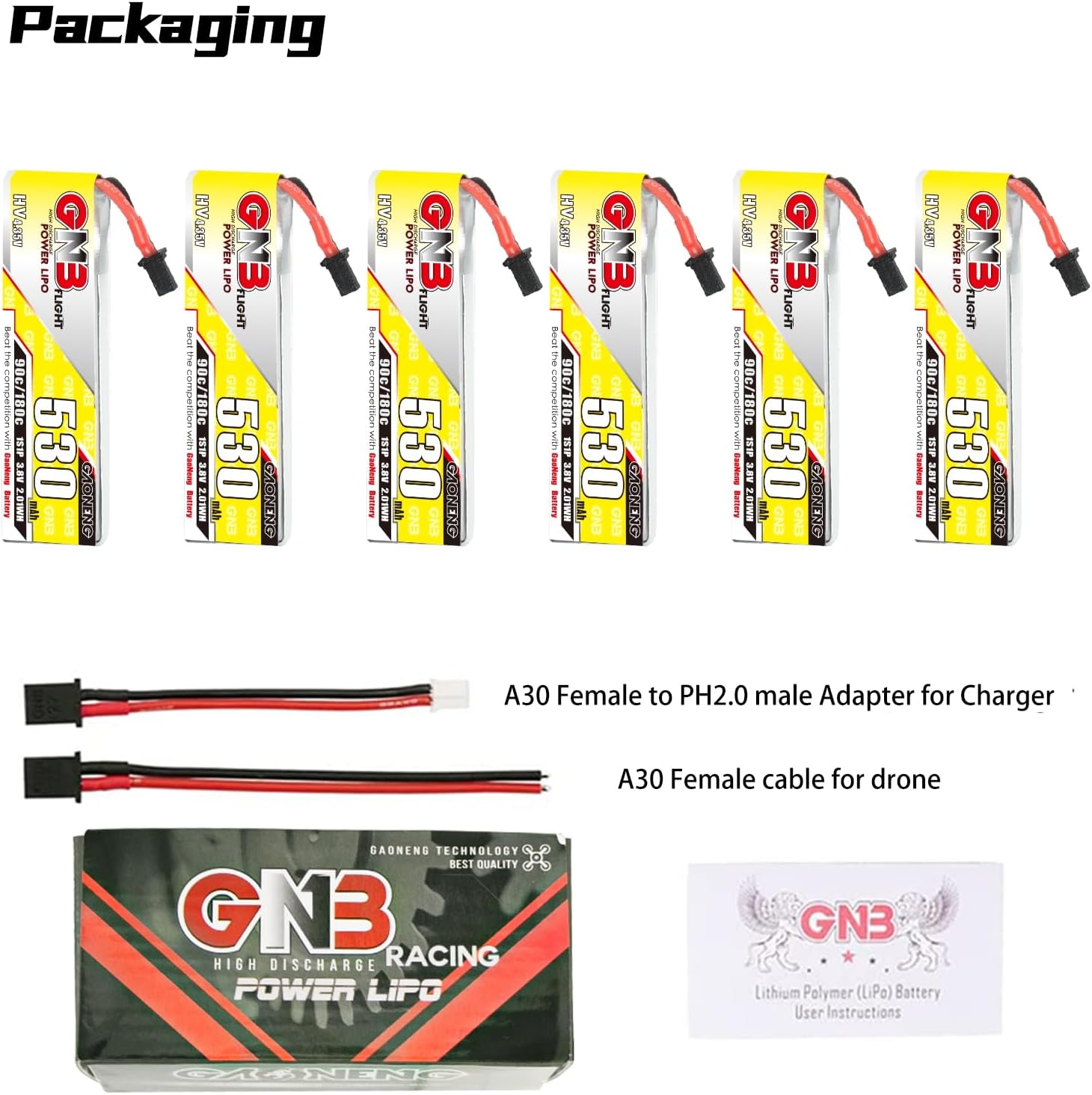 Gaoneng 6 unids A30 conector GNB 1S 530mAh 3.8v HV LiPo batería 90C para Kingkong Tiny7 Beta75S NanoHawk EZ Pilot Pro Kingkong LDARC BetaFPV Beta75X