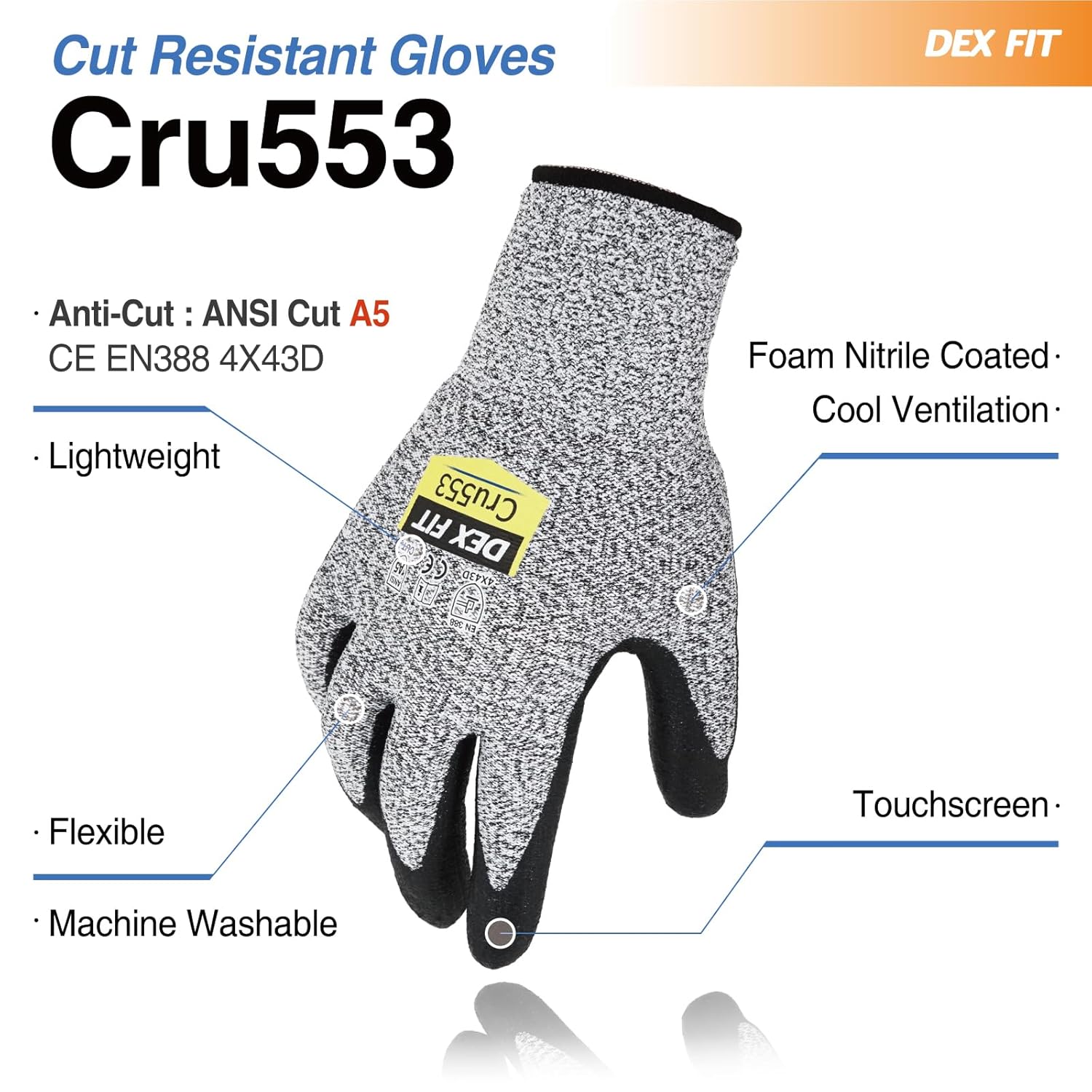 DEX FIT Cru553 – Guantes resistentes a cortes nivel 5, ajuste cómodo 3D, agarre firme, delgados, ligeros, compatibles con pantalla táctil y lavables