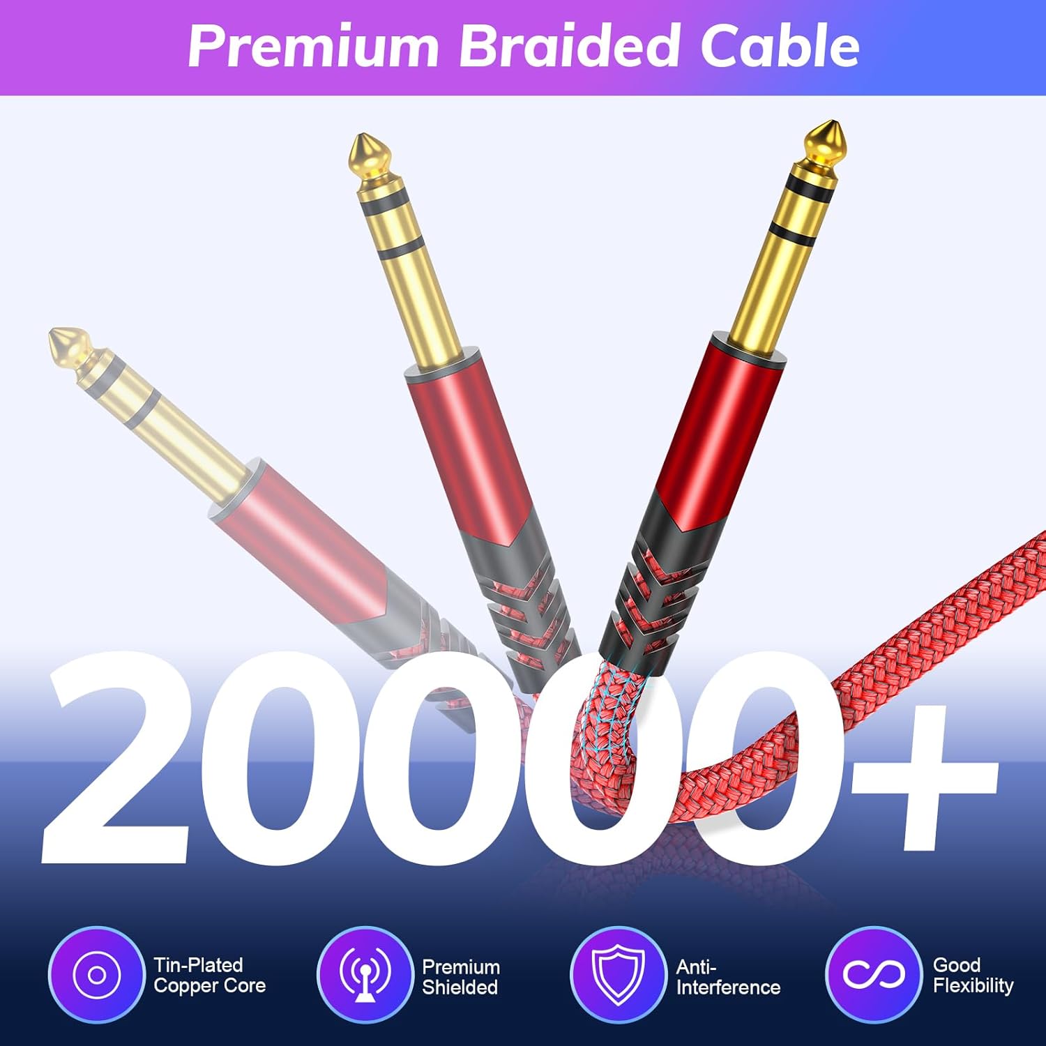 Canjoy Cable de instrumento TRS de 14 de pulgada, paquete de 2 cables de guitarra de 10 pies, macho de 0.250 in a 0.250 in, cable AMP para guitarra