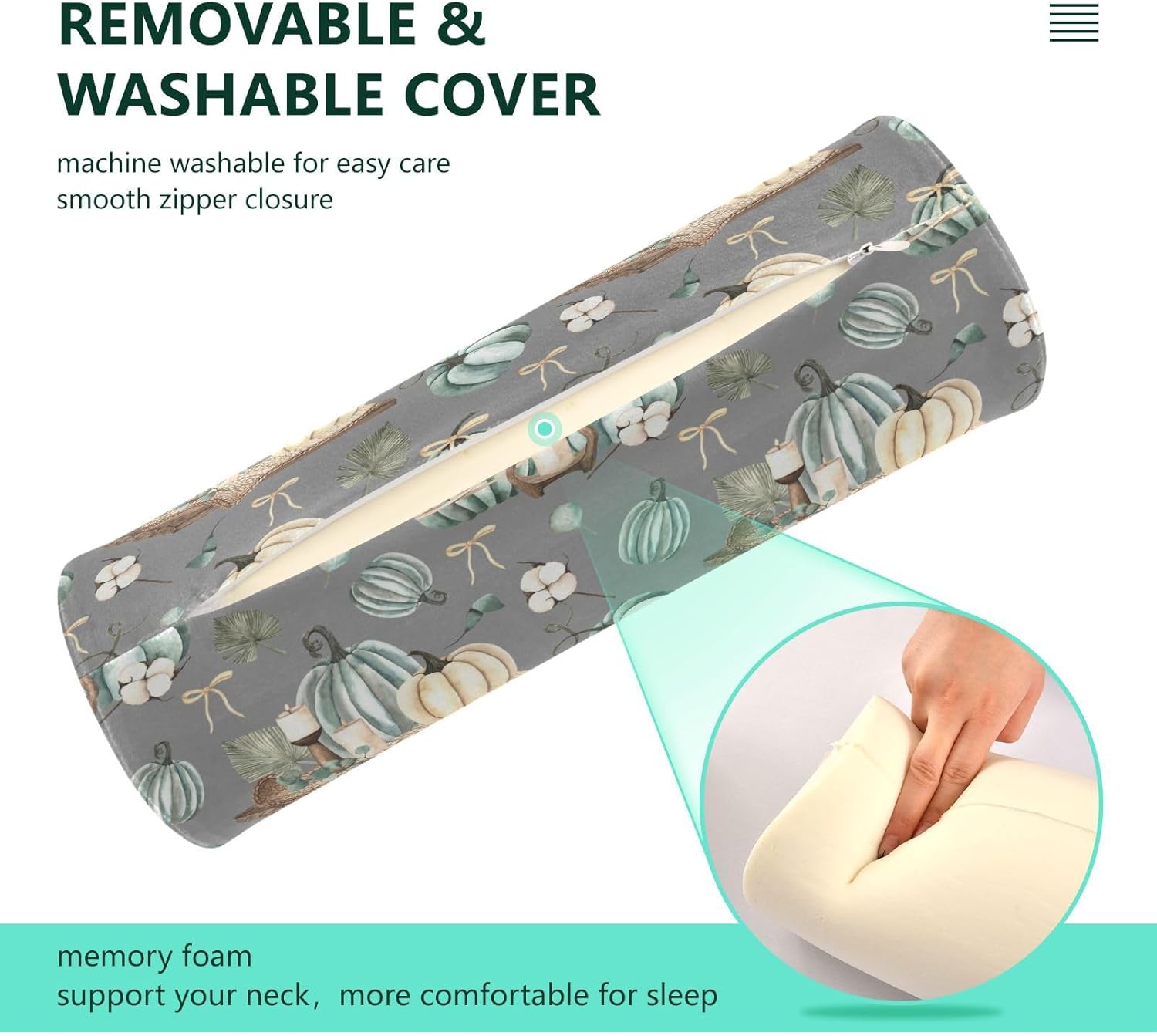 Almohada cilíndrica para el cuello, almohada redonda de espuma viscoelástica para dormir, almohada de almohada gris con funda extraíble lavable para