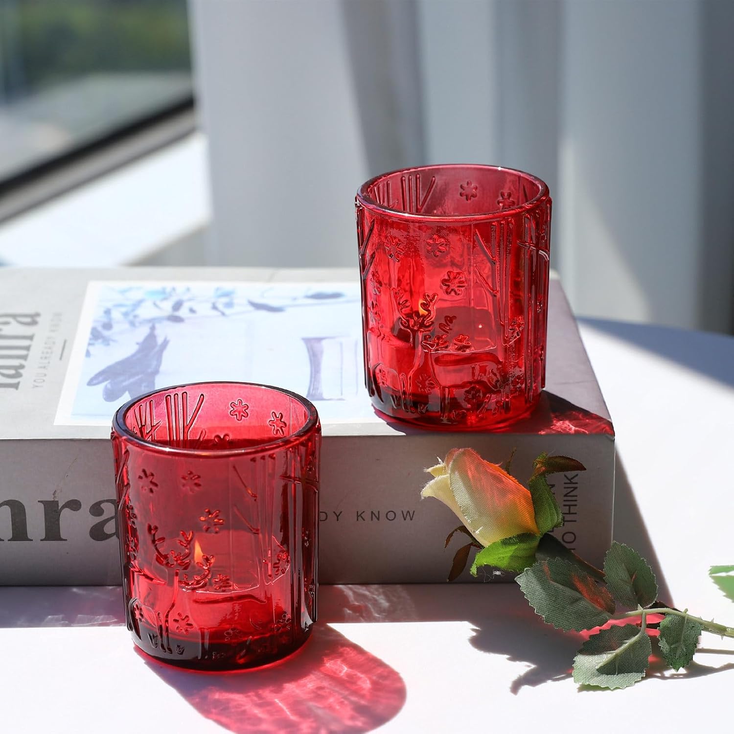 12 portavelas votivas de renos rojos, portavelas de Navidad, centro de mesa de festival, velas de té de vidrio para fiesta de Navidad, vacaciones,