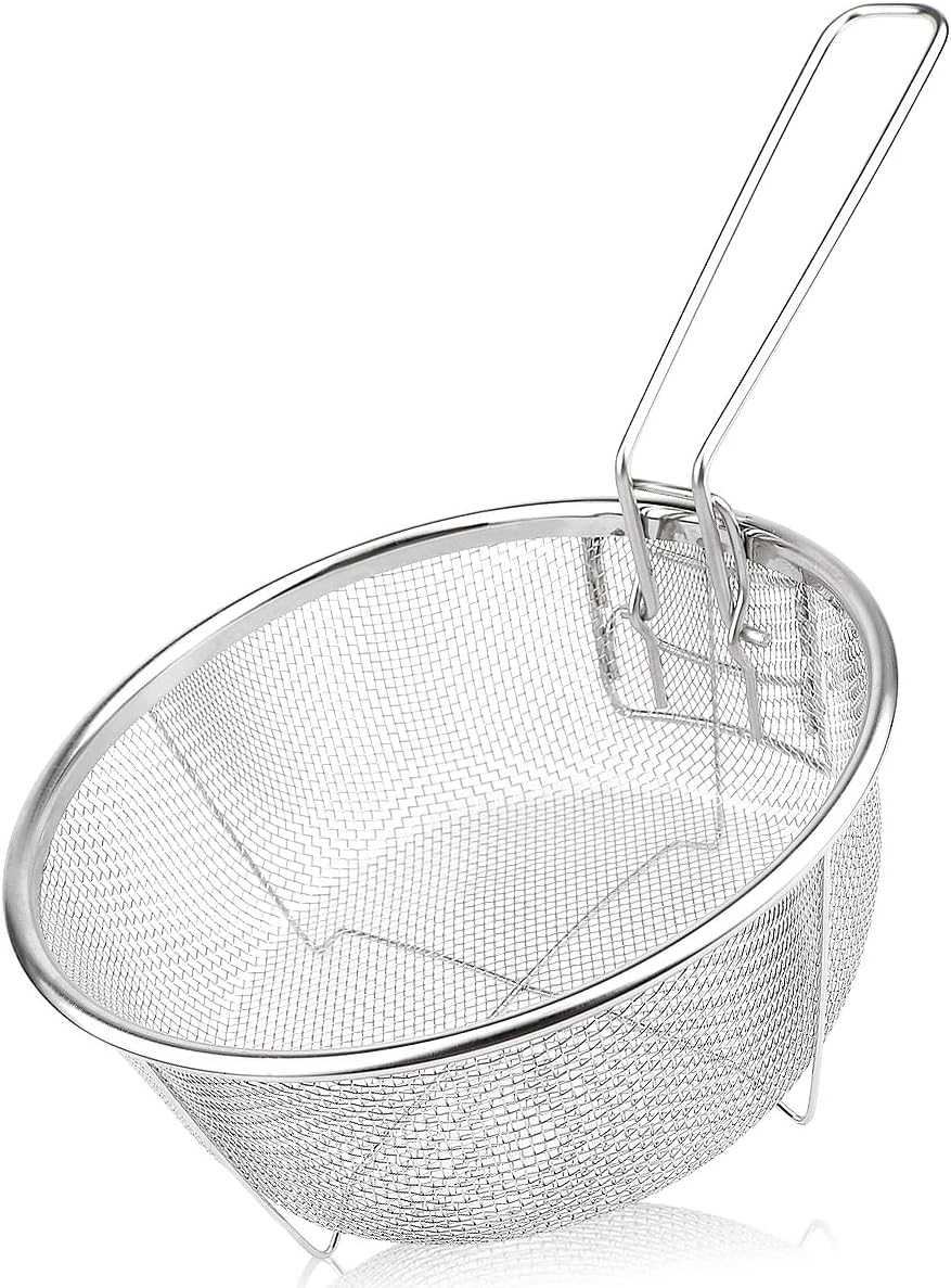 GYOTUU Cesta de acero inoxidable para freír, cesta redonda de malla de alambre para freír chips franceses, cesta multifuncional plegable con asas