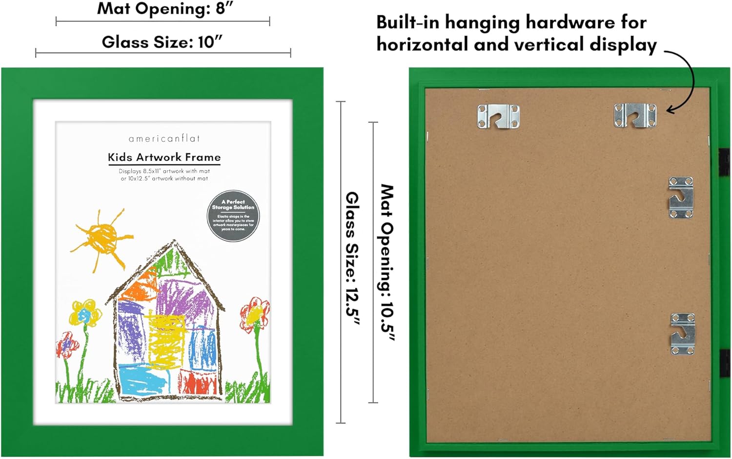 Americanflat Marco para obras de arte infantiles, carga frontal, verde trébol, 8.5 x 11 pulgadas con paspartú o 10 x 12.5 sin él, formato de