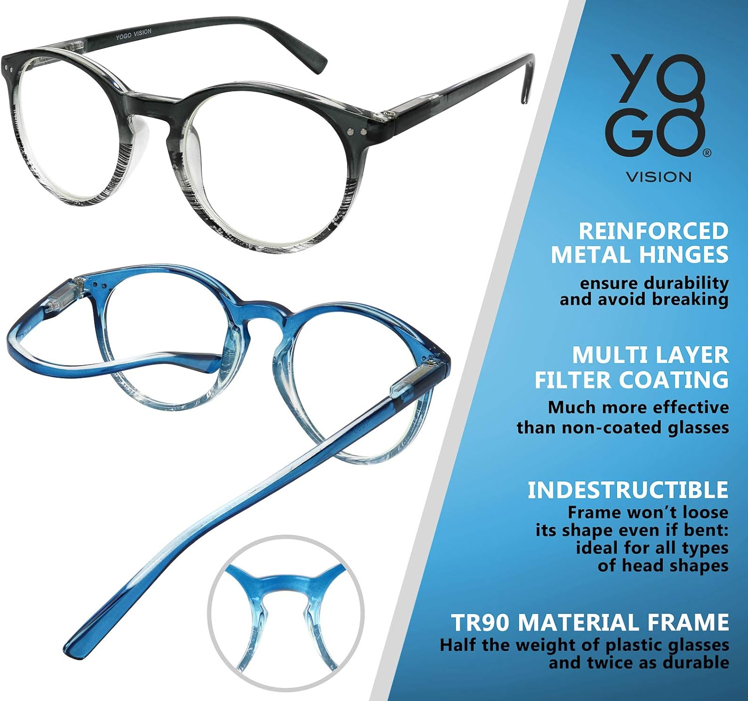 Yogo Vision Gafas de lectura para mujeres y hombres, con bloqueo de luz azul, lentes de lectura redondos, +2