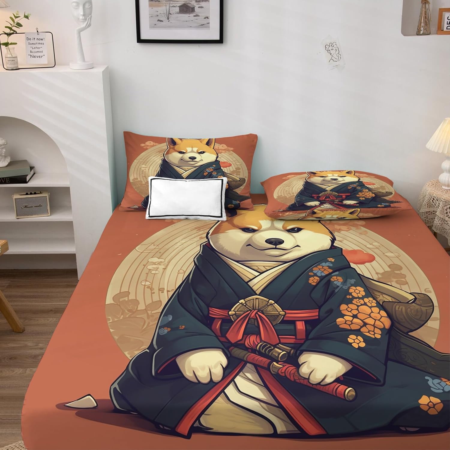 Shiba Inu – Juego de sábanas japonesas, sábanas y fundas de almohada estampadas, 4 piezas, sábana bajera ajustable de microfibra suave con bolsillo