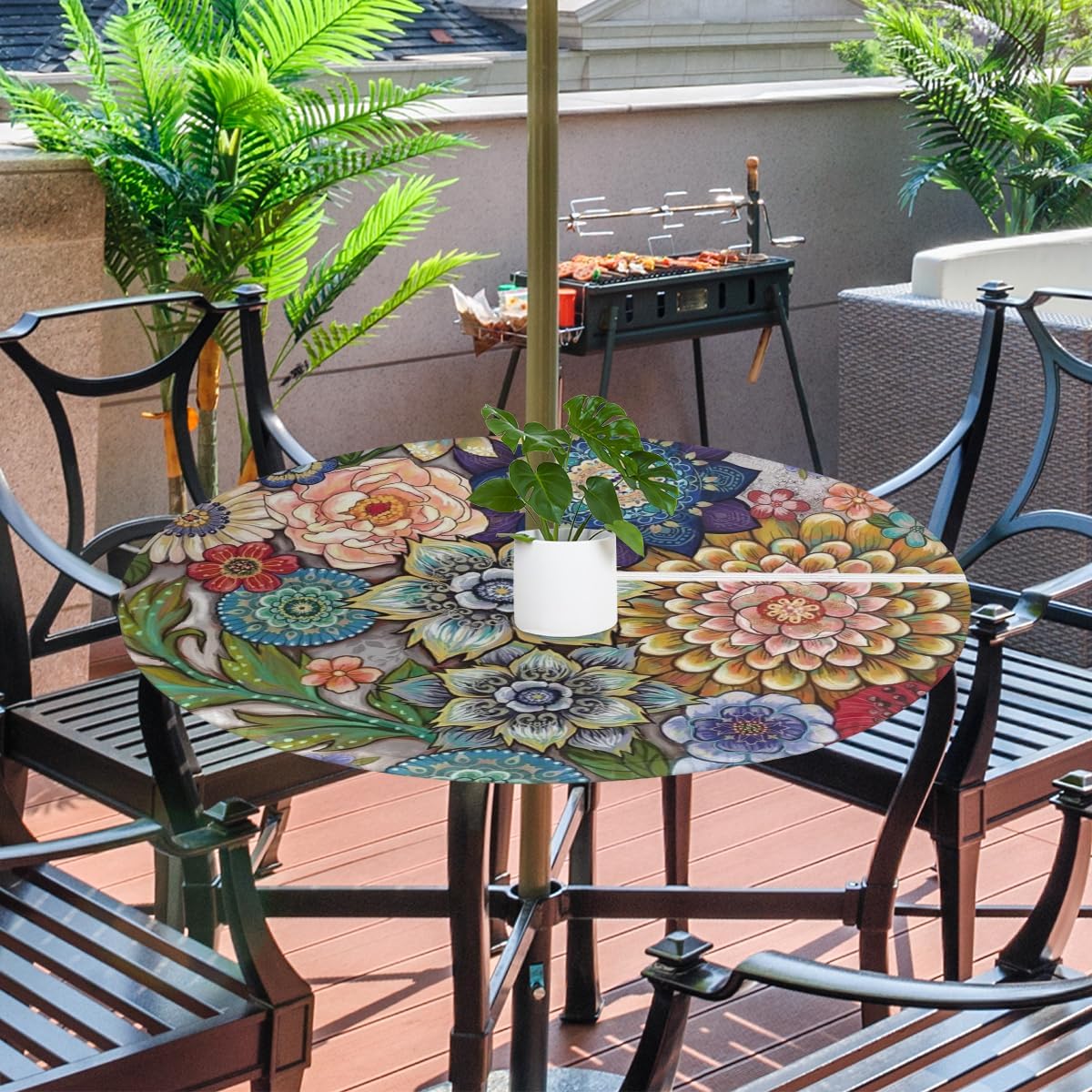 Mantel redondo para exteriores con agujero para paraguas, funda para mesa de patio con flores coloridas, impermeable, para fiestas y pícnics, apto