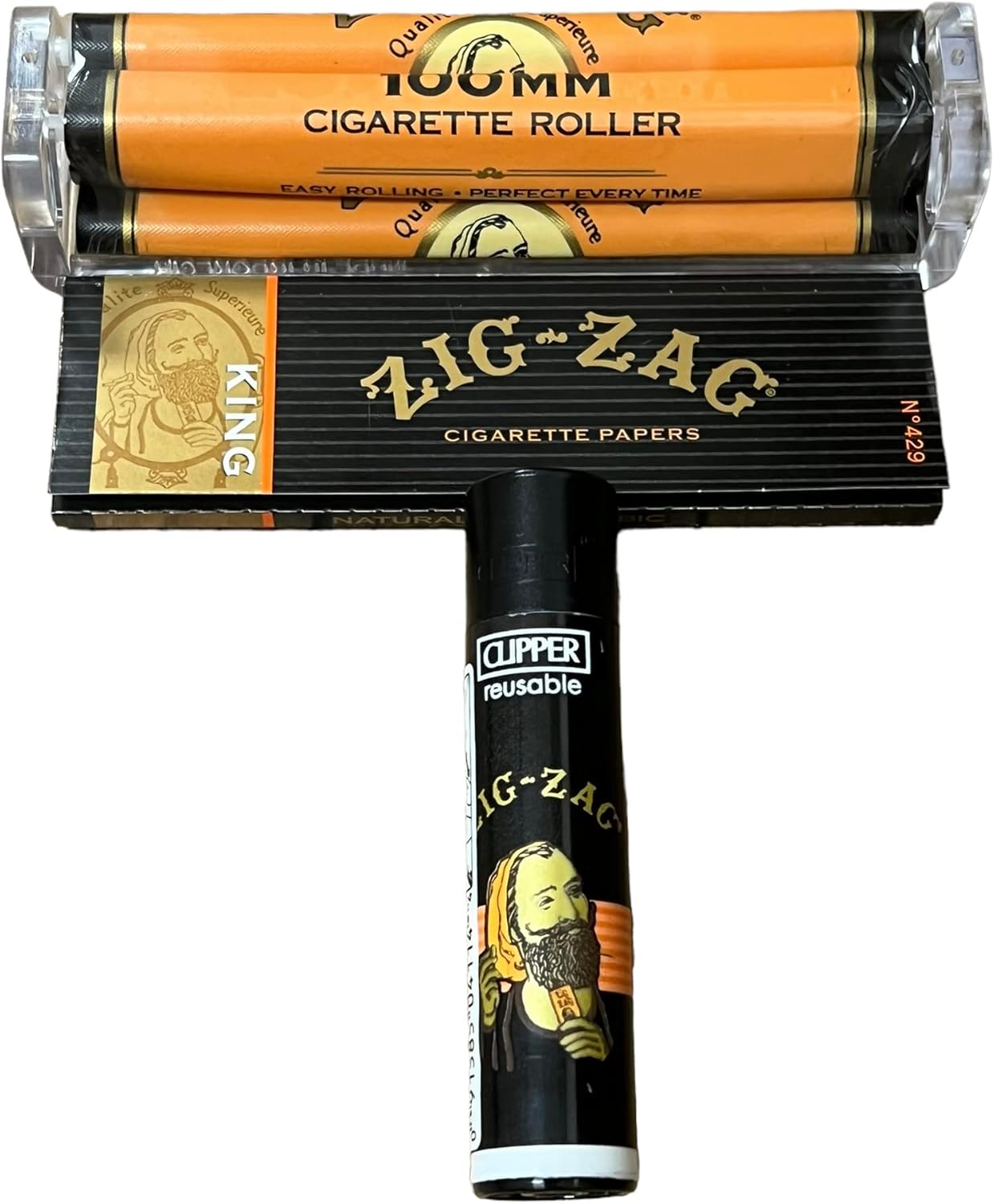 Zig Zag – Papel rodante tamaño King + máquina rodante de 3.937in + encendedor de cortadora en zigzag + tarjeta de cuchara RSV