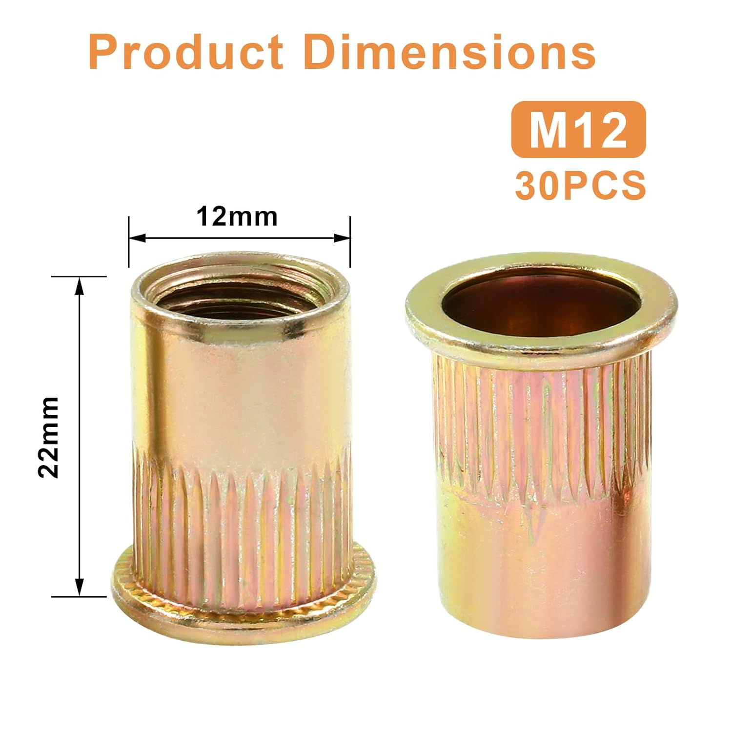 Tuercas de remache M12, 30 piezas de acero inoxidable con acabado chapado en zinc, tuerca de remache de cabeza plana roscada para decoración de