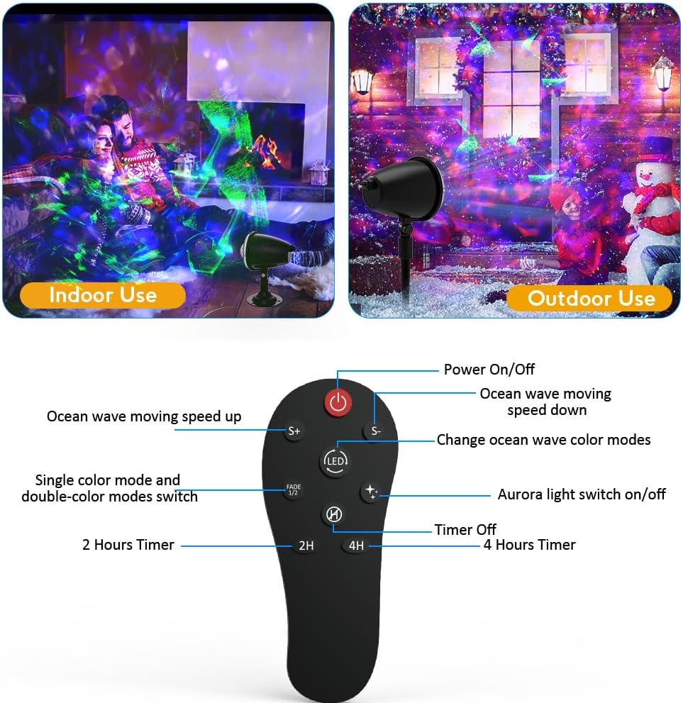Proyector de luces de Navidad de Halloween para exteriores, 2 en 1 con ondas de agua, luz láser Aurora con control remoto, luz LED impermeable para