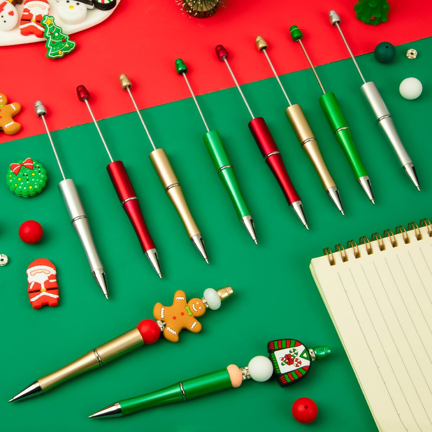 12 bolígrafos de Navidad con cuentas, bolígrafos de cuentas de plástico, bolígrafos de cuentas de silicona, muñecos de nieve, Papá Noel, para