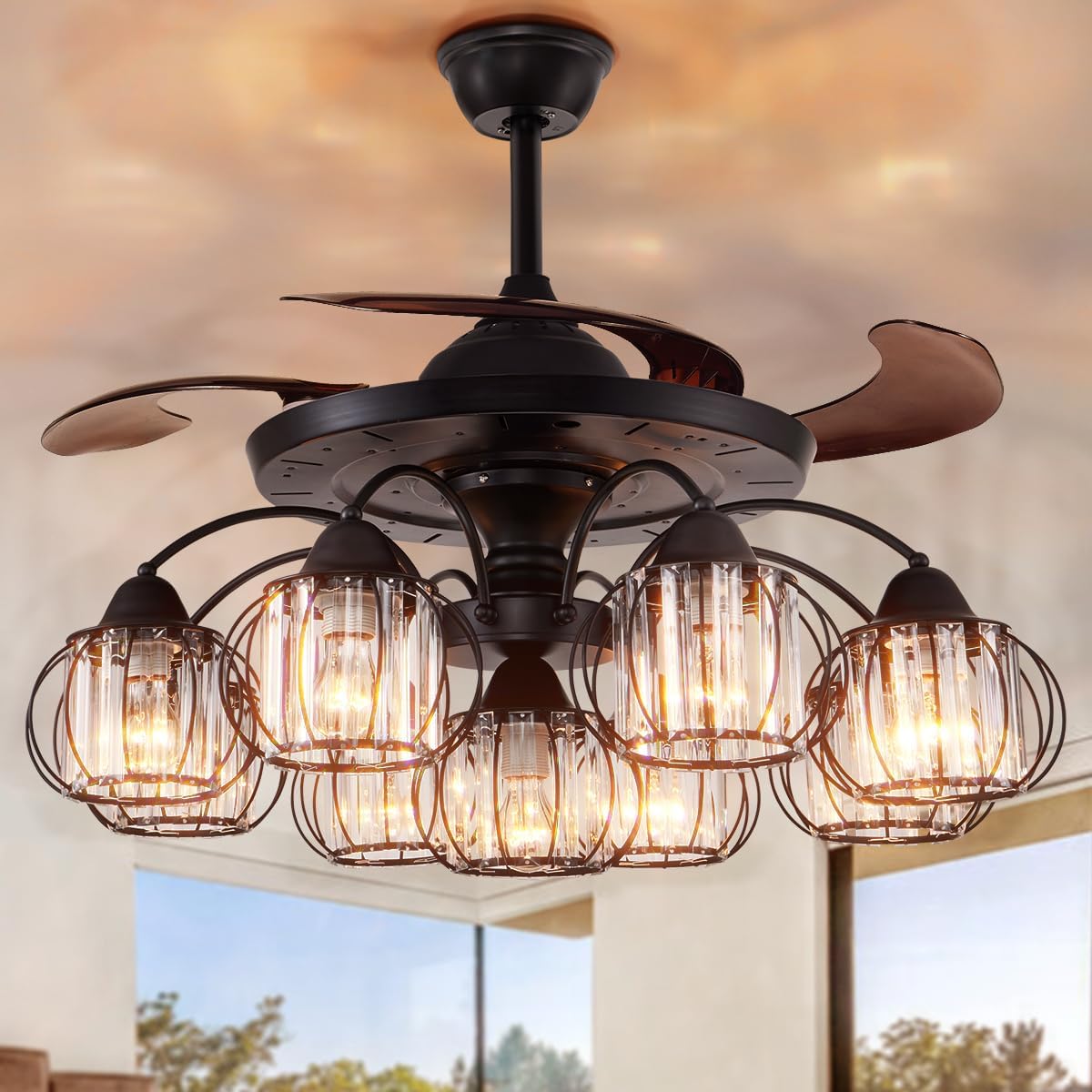 A Million Ventiladores de techo con luces, moderno ventilador de techo rústico de 42 pulgadas negro con motor silencioso reversible de 6 velocidades