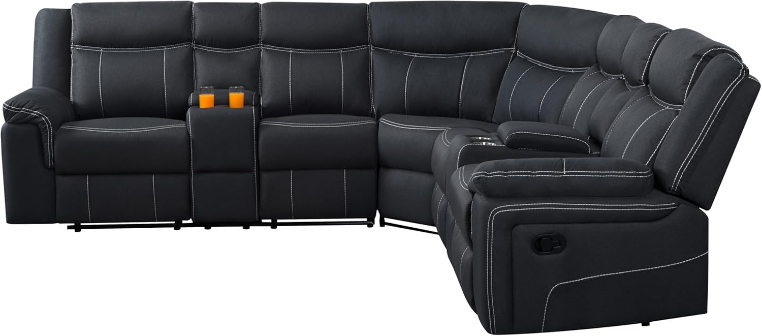 Moderno sofá seccional de movimiento manual en forma de L esquinero de 5 plazas, sofá reclinable curvado y simétrico tapizado con 2 consolas de
