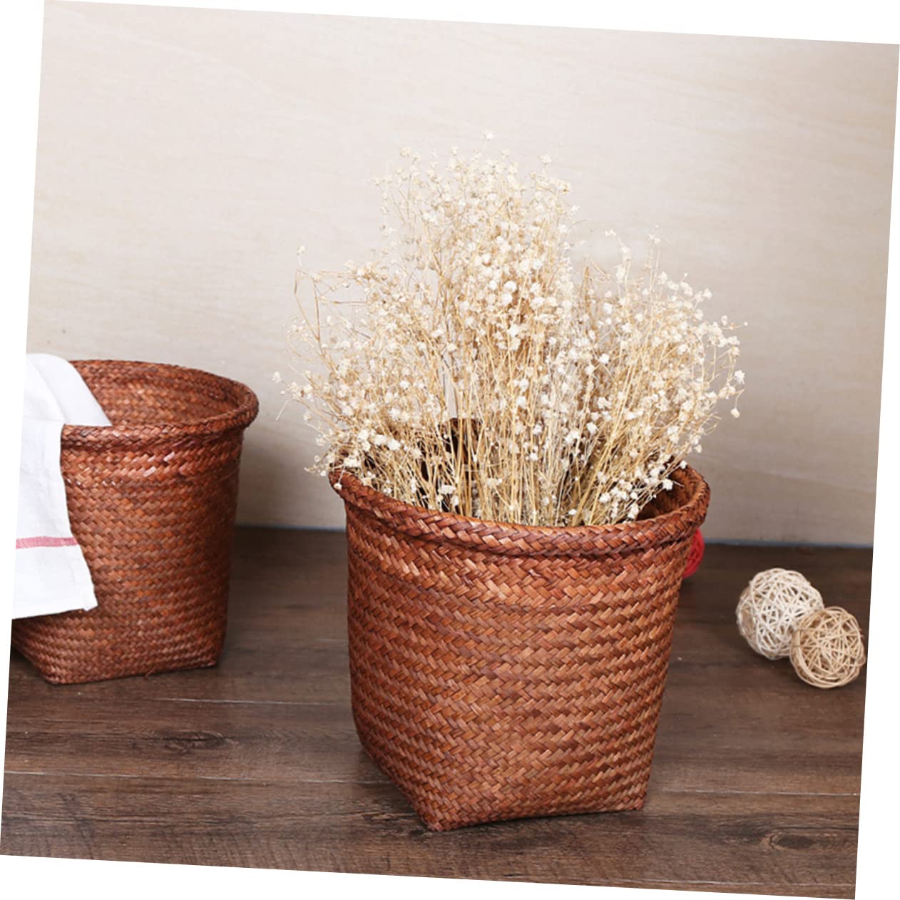 HOOTNEE Cesta de almacenamiento de mimbre para papas y cebollas, cesta de lavandería, cesta de basura rosa, soporte para brochas de maquillaje,