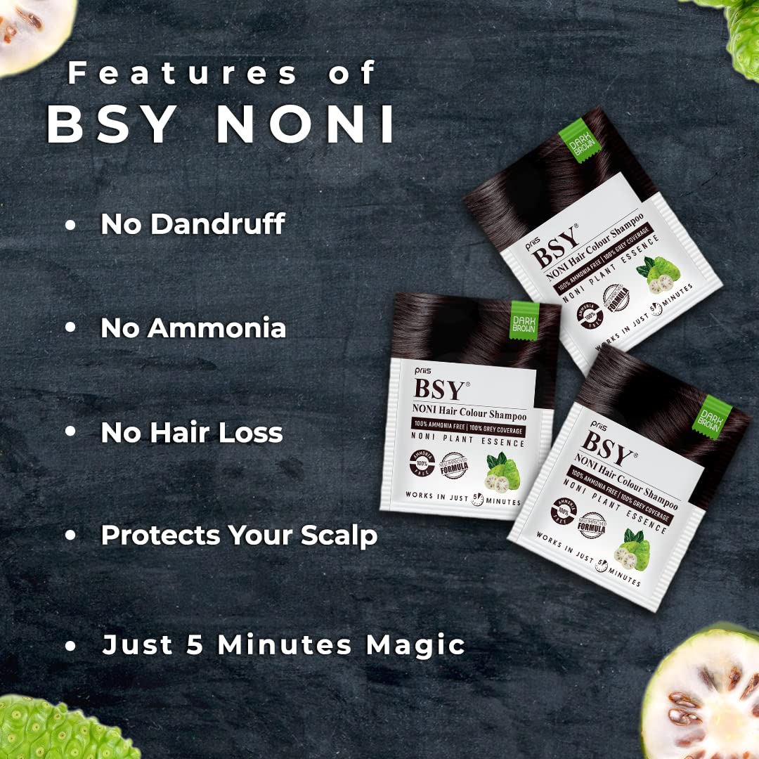BSY Noni – Champú de color marrón oscuro (0.7 fl oz x 10 bolsitas)  Champú de color de cabello sin amoníaco para hombres  Champú permanente de tinte