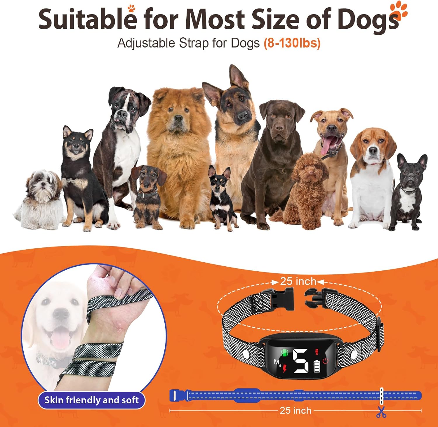 Collar antiladridos recargable para perros grandes con 5 sensibilidades ajustables, collar antiladridos inteligente con pitido de vibración para