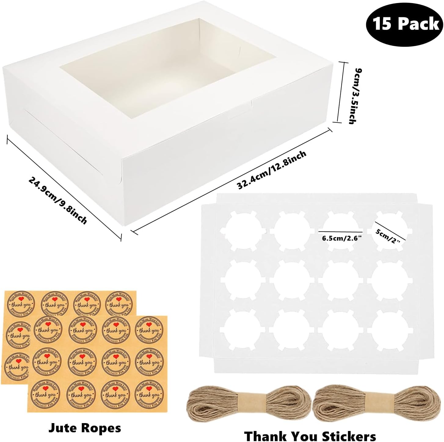 GUIFIER 15 cajas blancas para cupcakes, 12 unidades con ventana e insertos, portador de cupcakes de cartón, caja de papel para panadería, cajas de
