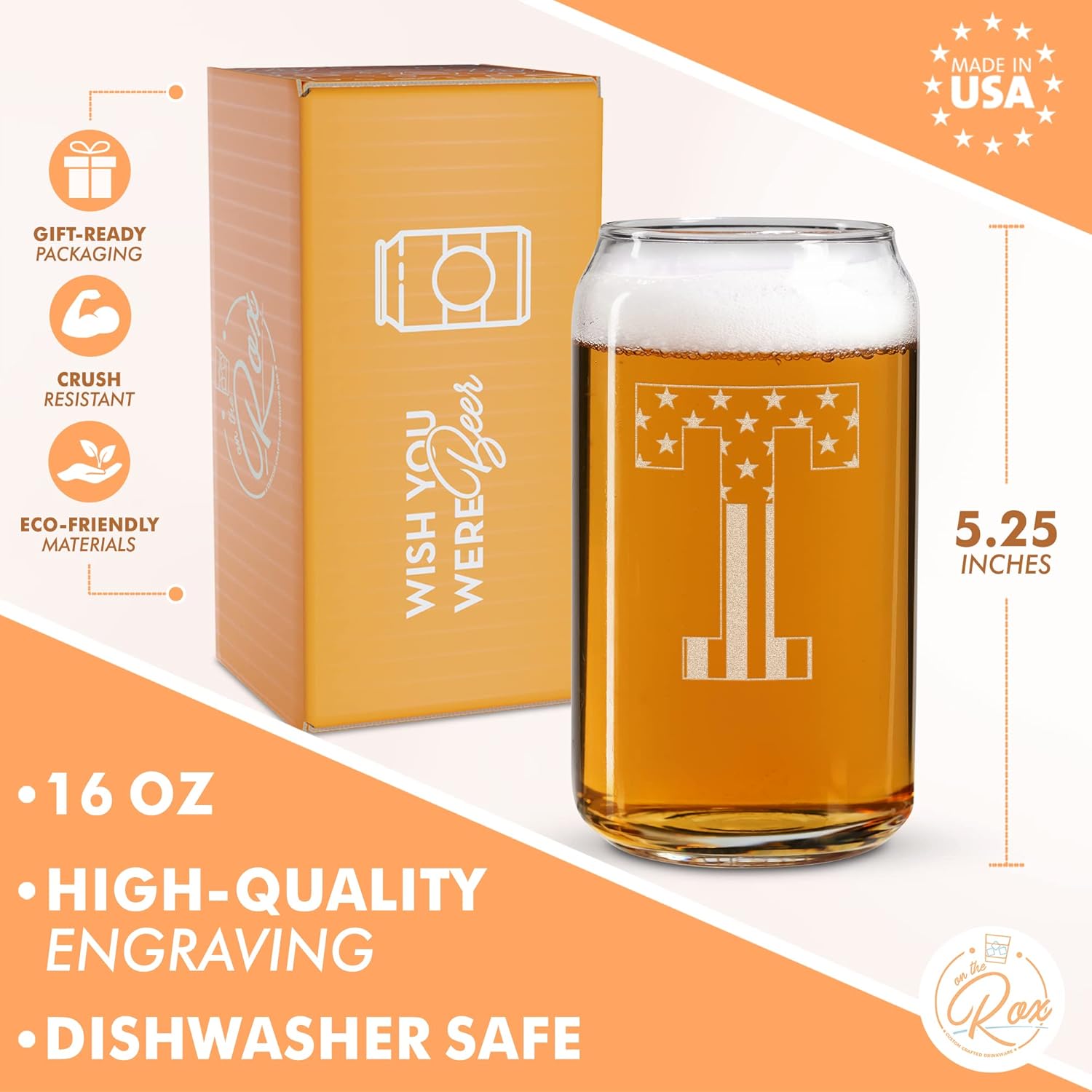 Vaso en forma de lata de cerveza con monograma grabado – bandera de EE.UU.