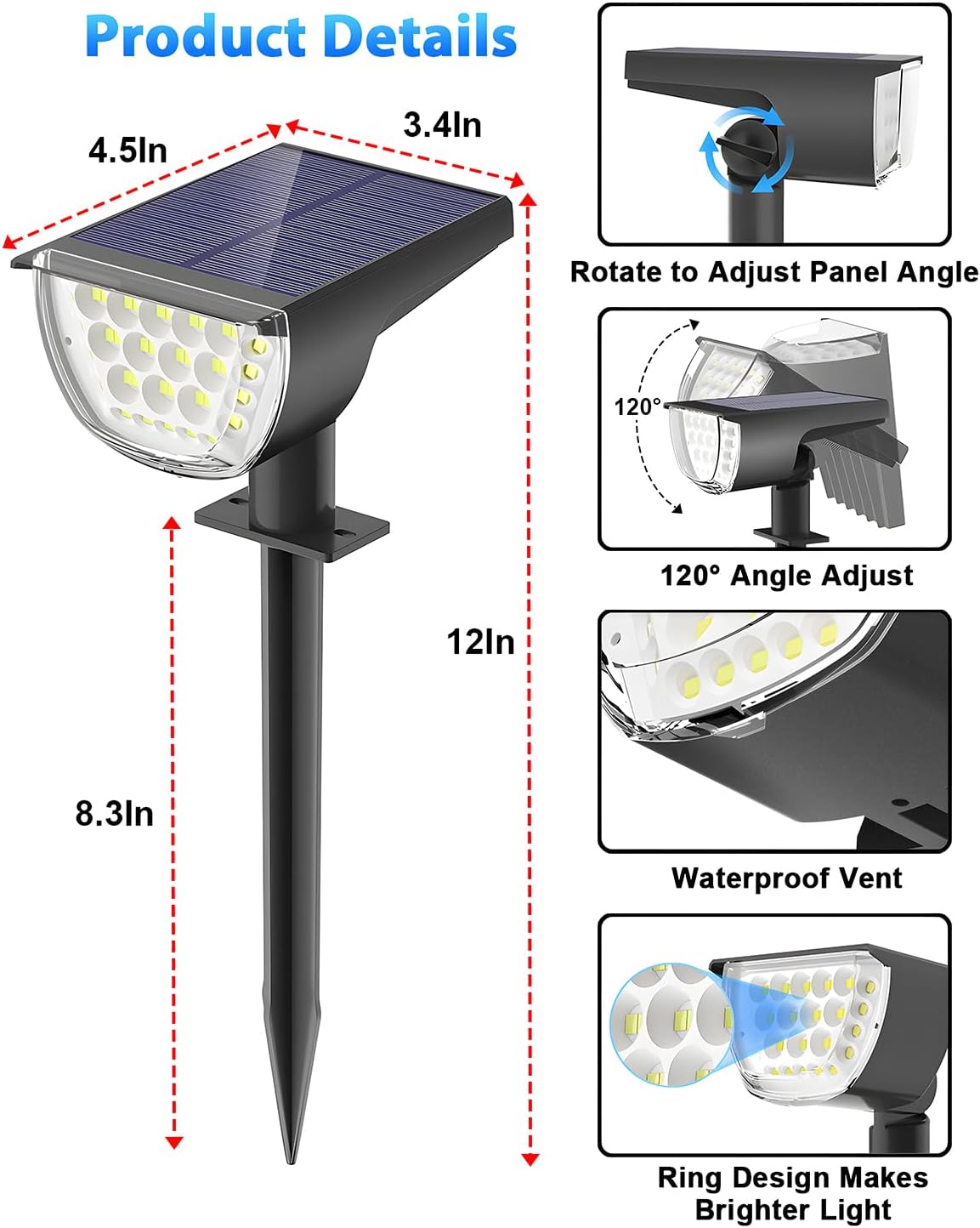 Luces solares para exteriores, impermeables, IP68, 37 LED, 3 modos de iluminación, focos solares para exteriores, focos solares de paisaje, luces