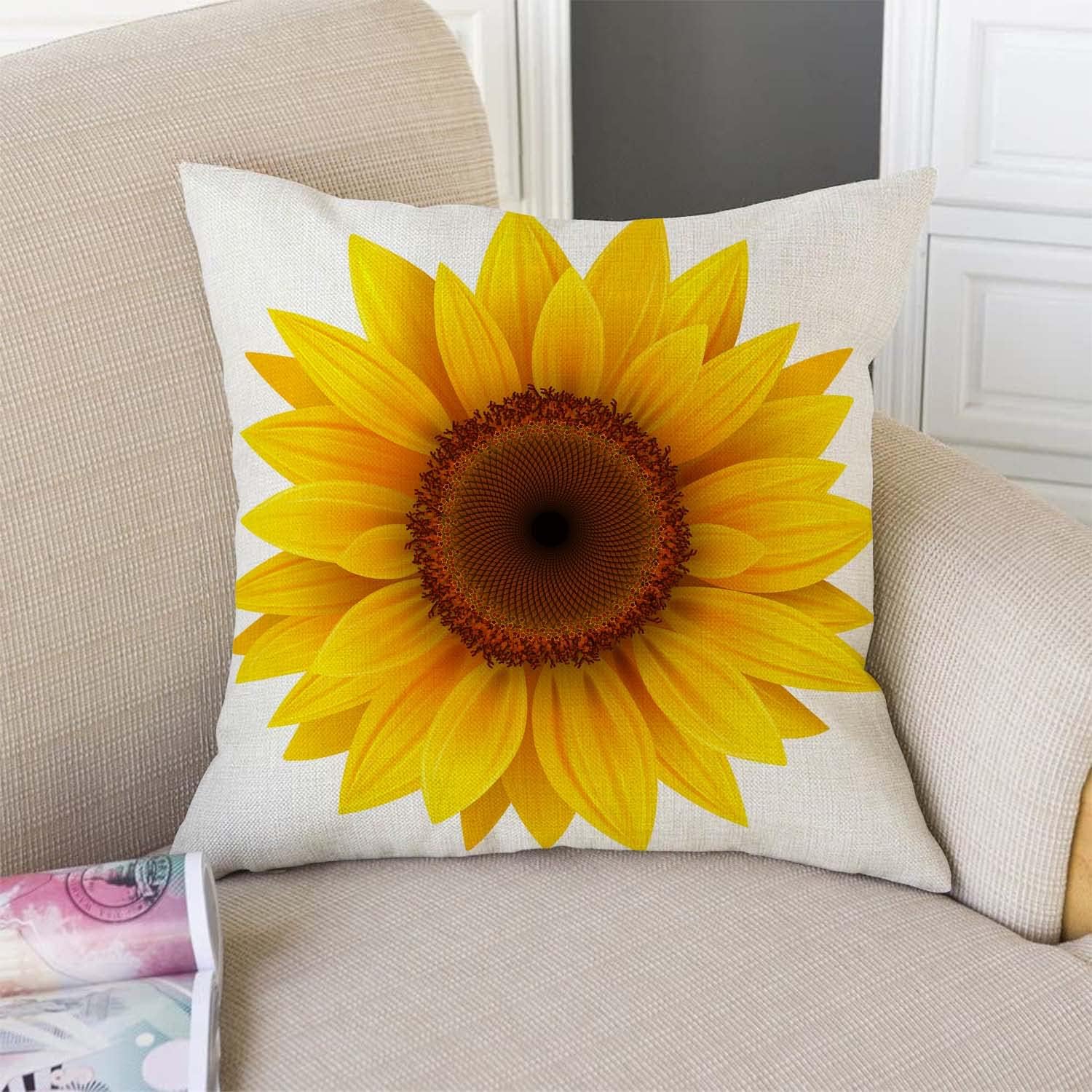 Funda de cojín de lino de arpillera de algodón con flor de girasol, funda de cojín para sofá, decoración al aire libre, cuadrada, 18 x 18 pulgadas