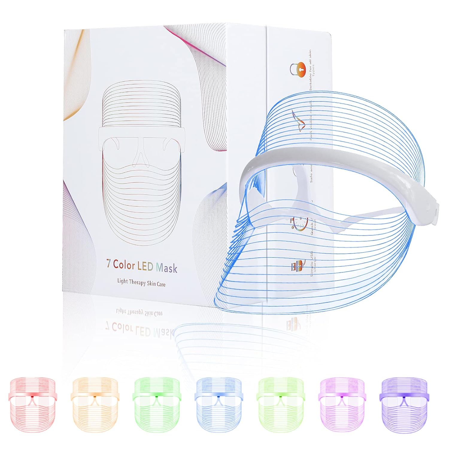 Máscara facial L E D terapia de luz, 7 colores L E D, terapia de luz roja y azul para cara, máscara ligera para el cuidado de la piel, recargable