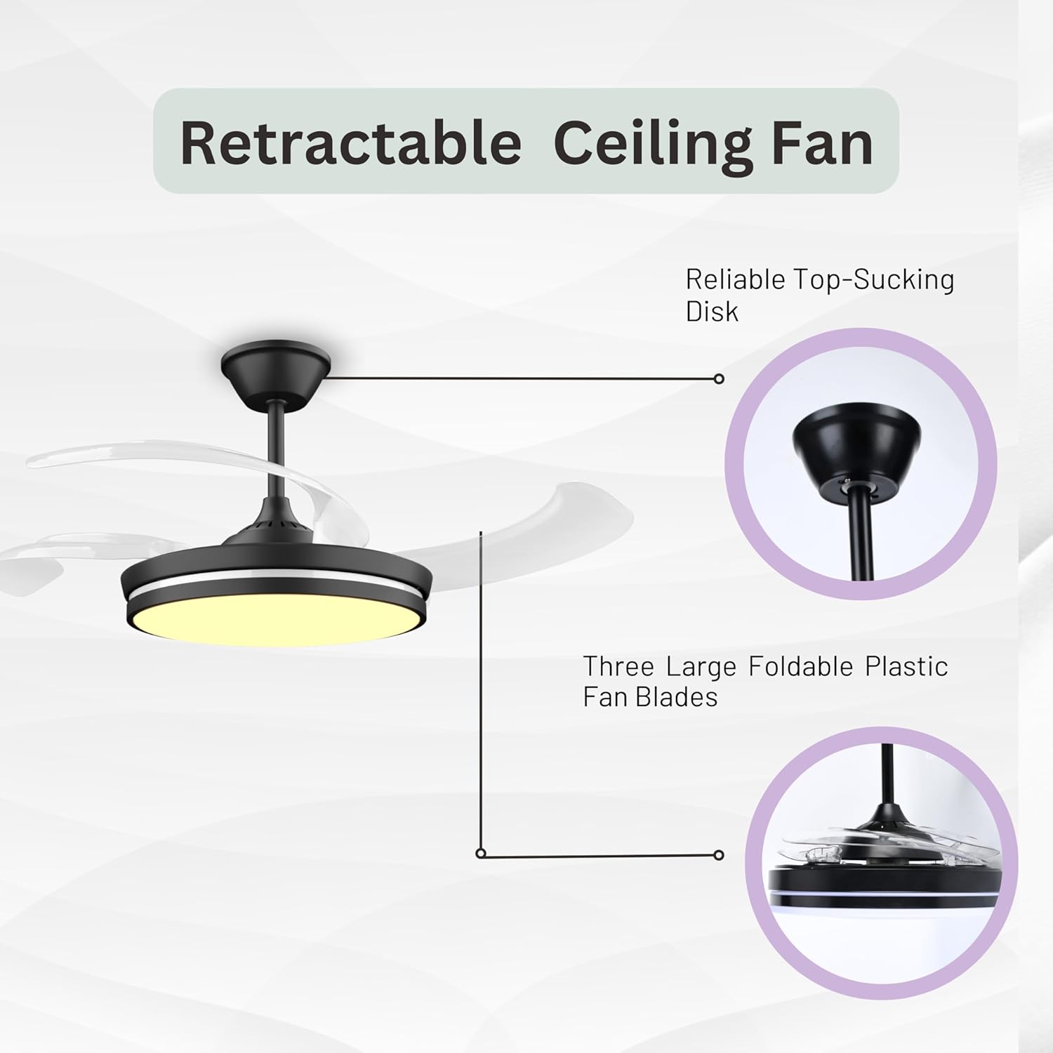 Ventilador de techo retráctil con luces, ventilador de techo retráctil de 42 pulgadas con luz LED y control remoto, motor silencioso de cuchillas