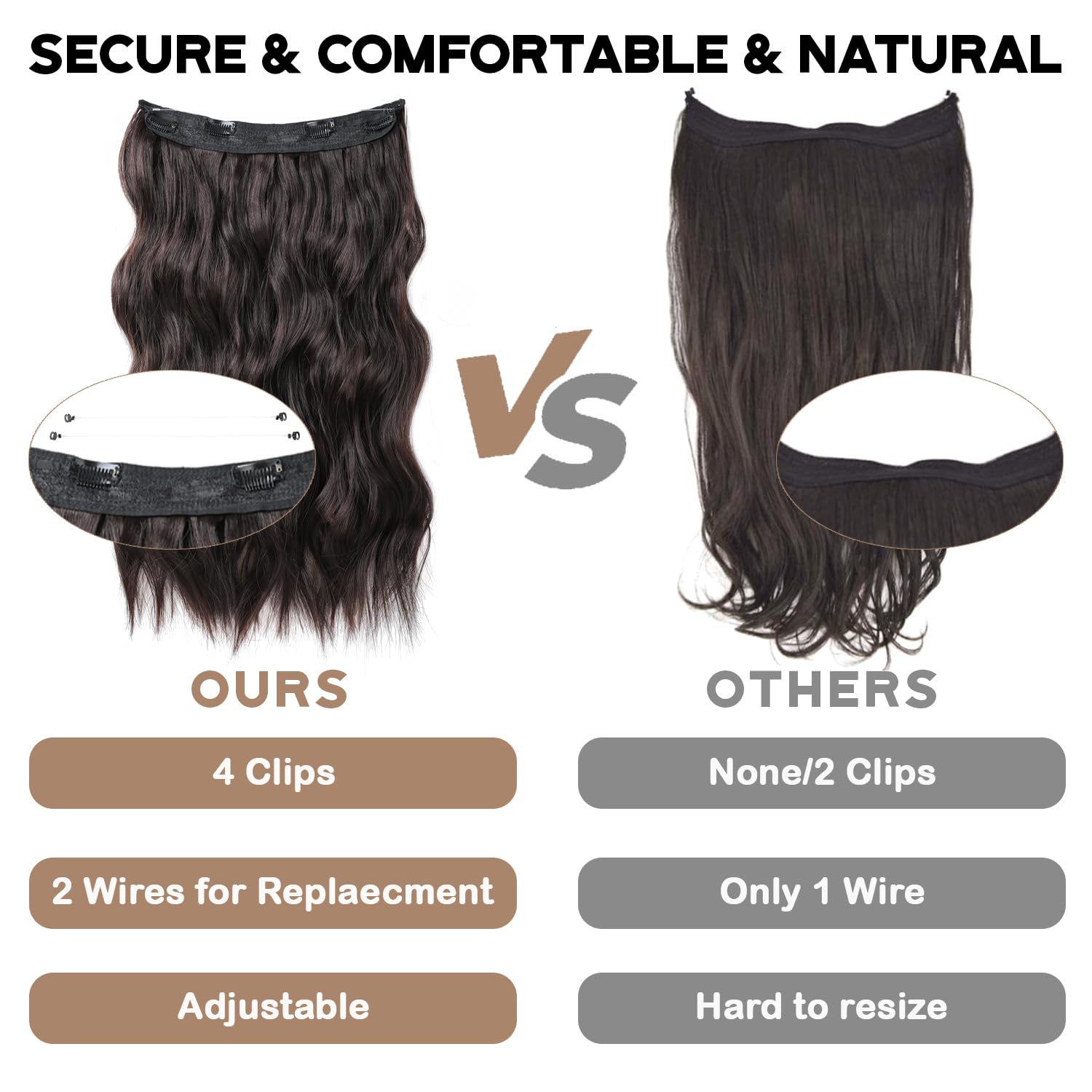 Extensiones de cabello tipo halo de 20 pulgadas, con alambre invisible, largo, ondulado, color marrón degradado, extensiones de cabello para mujer,