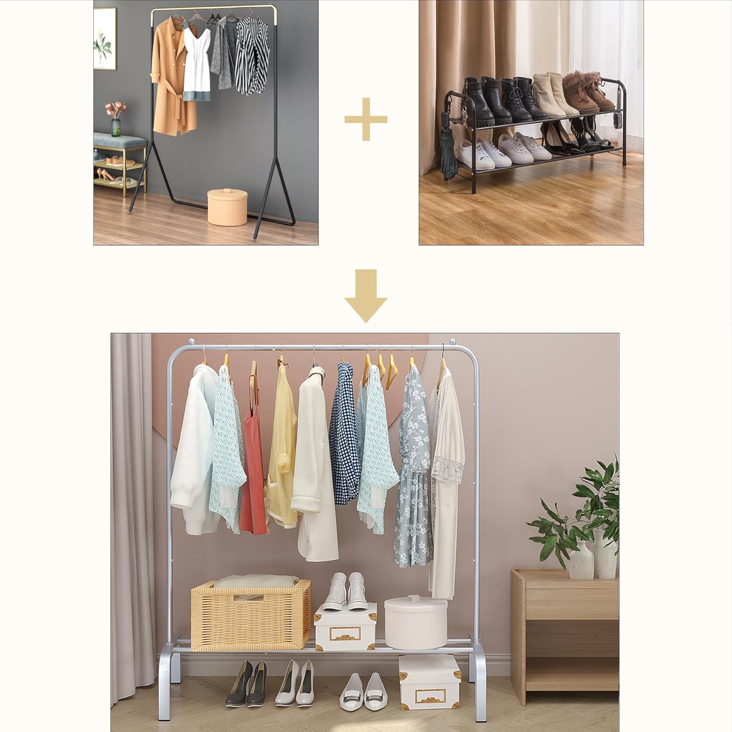 JIUYOTREE Perchero de metal para ropa de 43.3 pulgadas con estante inferior, perchero para colgar ropa, abrigos, faldas, camisas, suéteres, gris