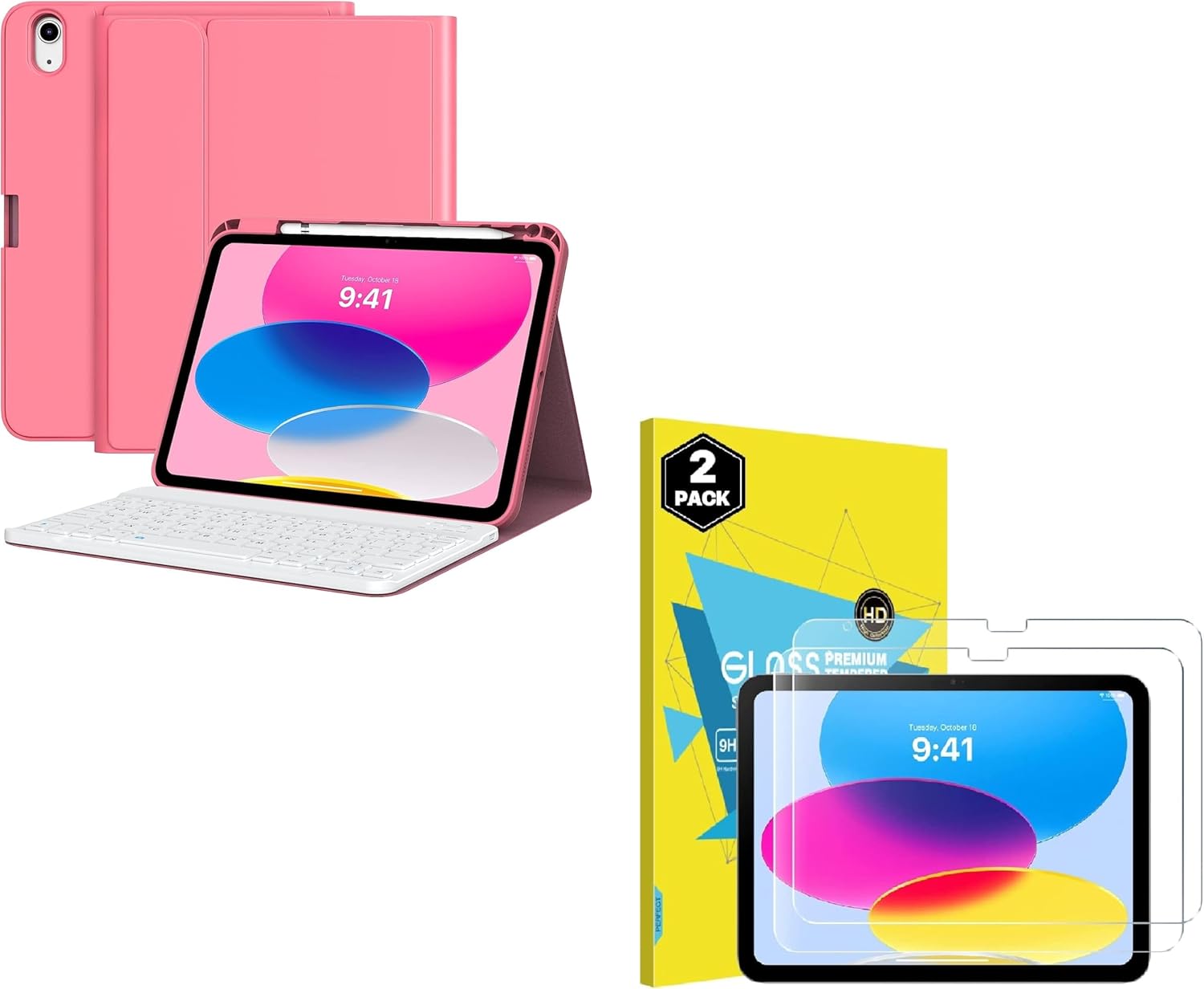 MoKo Funda para teclado con 2 protectores de pantalla de vidrio para iPad de 10 generación con teclado, teclado de 10 generación con soporte para