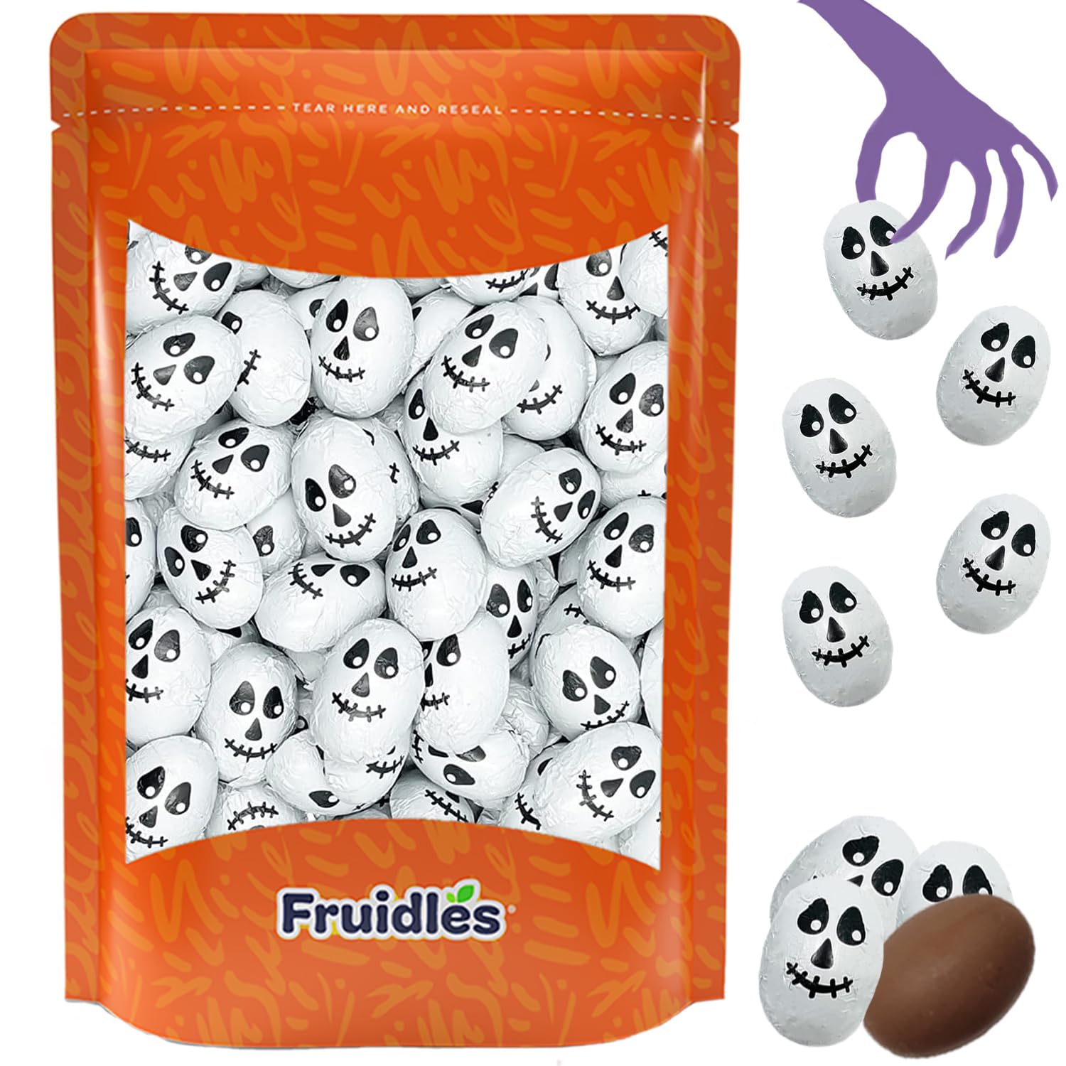 Calaveras de Halloween, doble crujiente, rellenos de bolsas de fiesta de truco o trato, envueltos individualmente en láminas de diseño de calavera