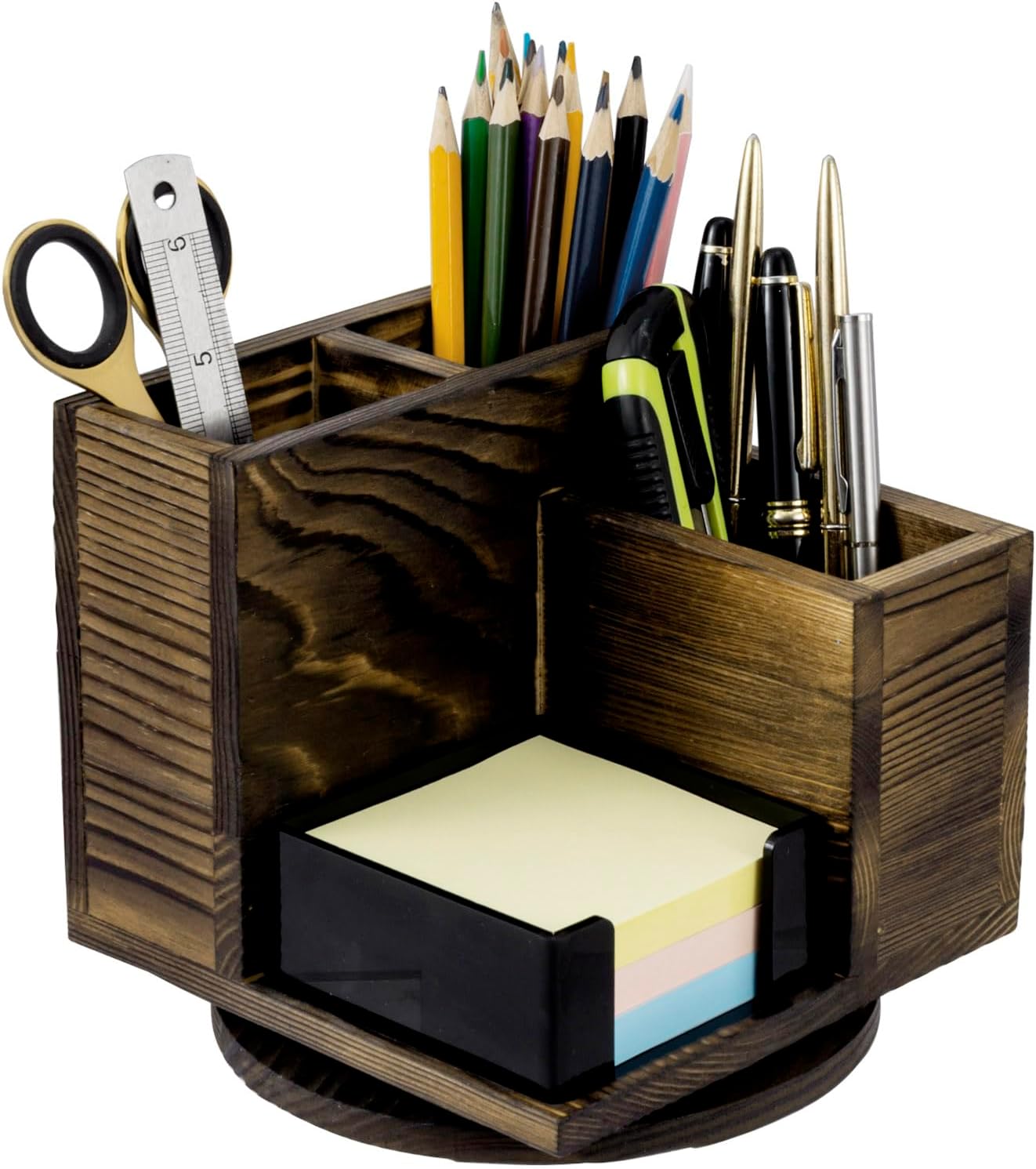 MyGift Organizador moderno de escritorio de oficina de 4 compartimentos en madera maciza quemada rústica con soporte adhesivo acrílico negro y base