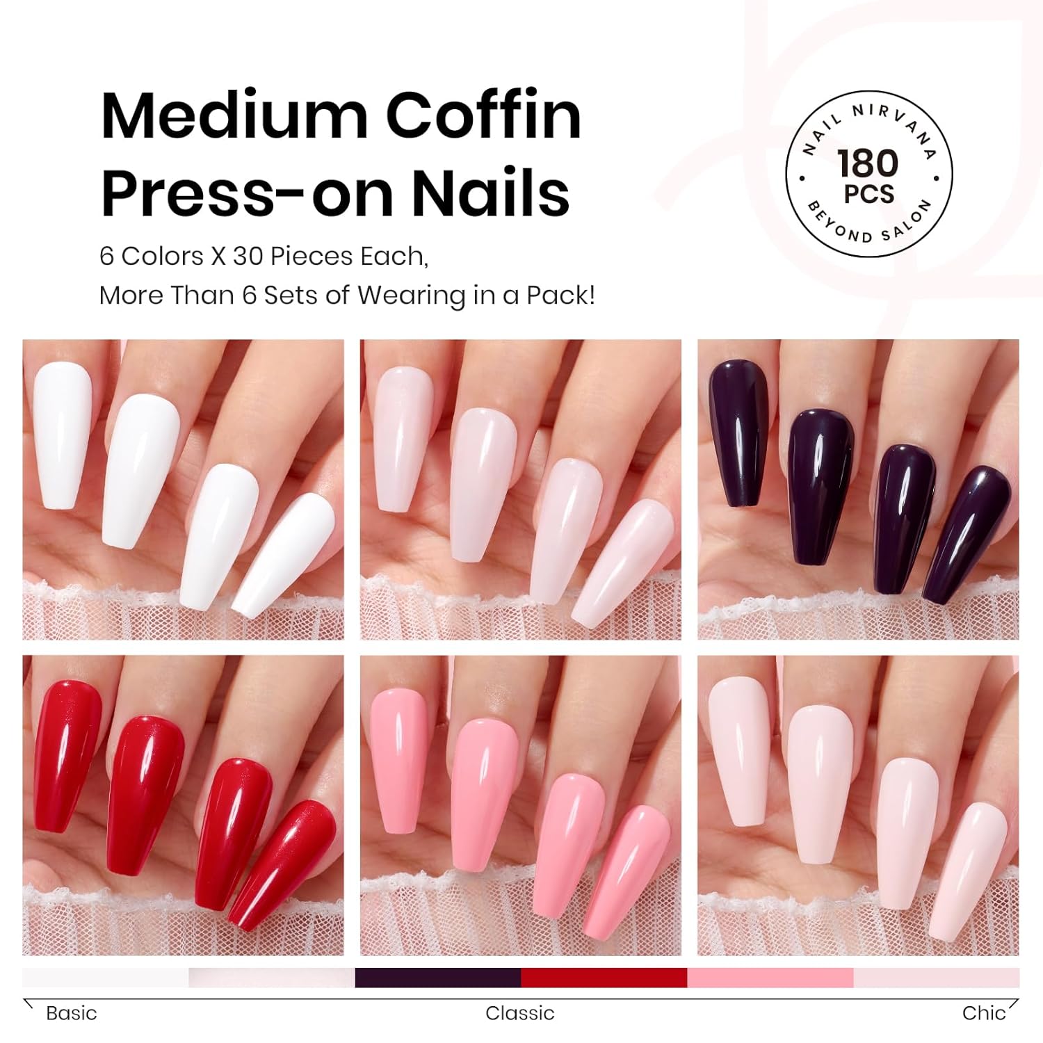 Beetles – Uñas a presión de 6 colores, 180 unidades, tamaño mediano, pegamento de 0.3 onzas fluidas (10ml) y calcomanías de uñas, reutilizables,