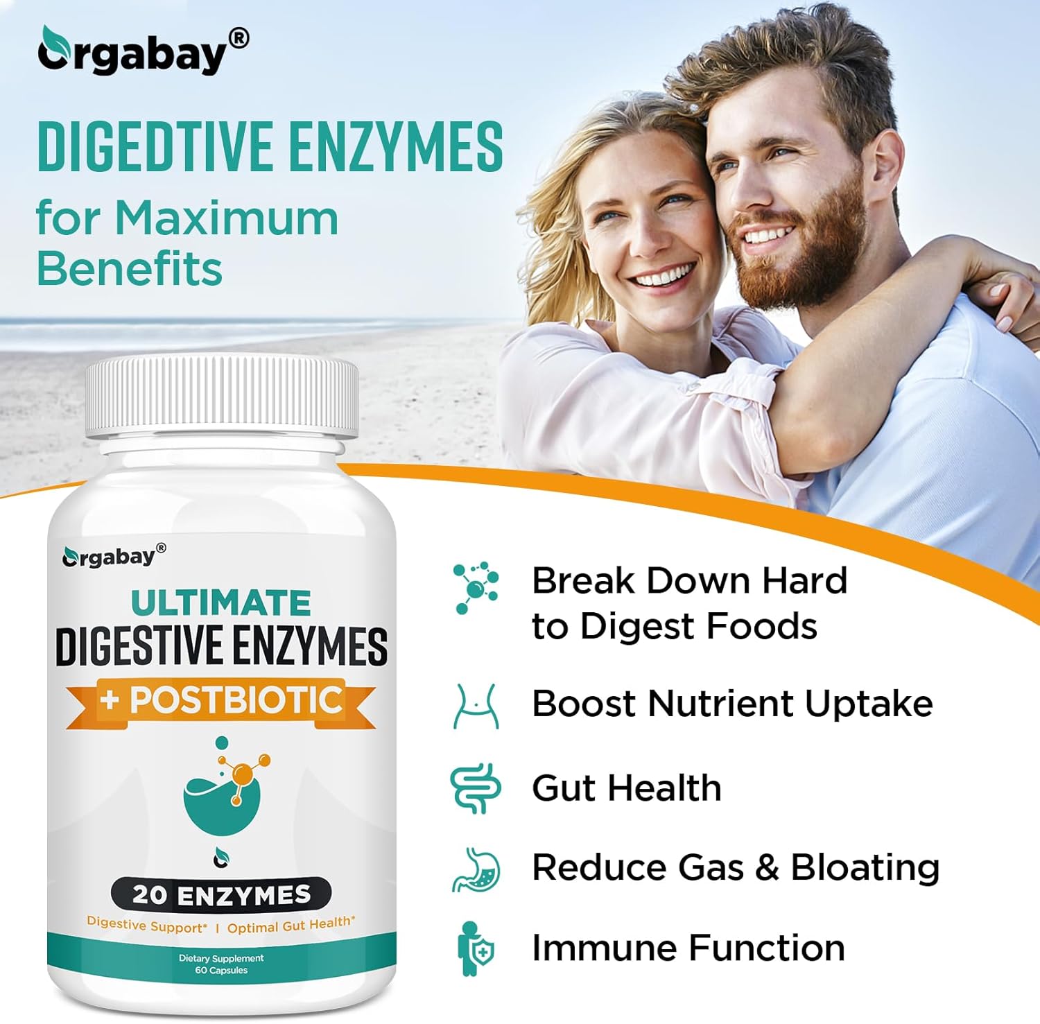 Orgabay Enzimas digestivas de 1000 mg con postbióticos, mezcla de 20 enzimas para hinchazón, digestión óptima y función intestinal, 120 cápsulas