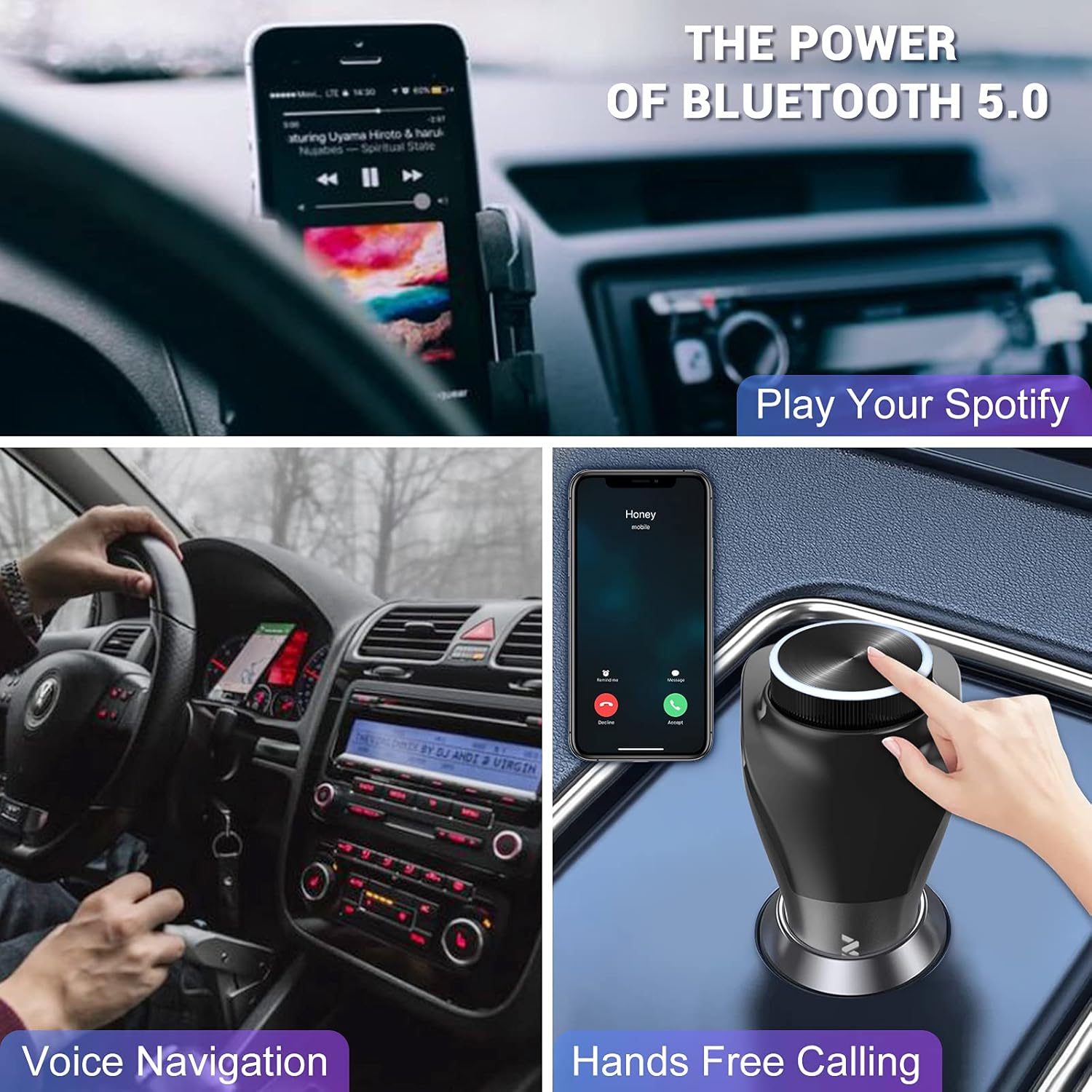 NECESPOW QC3.0 – Transmisor FM Bluetooth 5.0, cargador USB con cable AUX, adaptador de radio manos libres compatible con disco AUX y U, llamada
